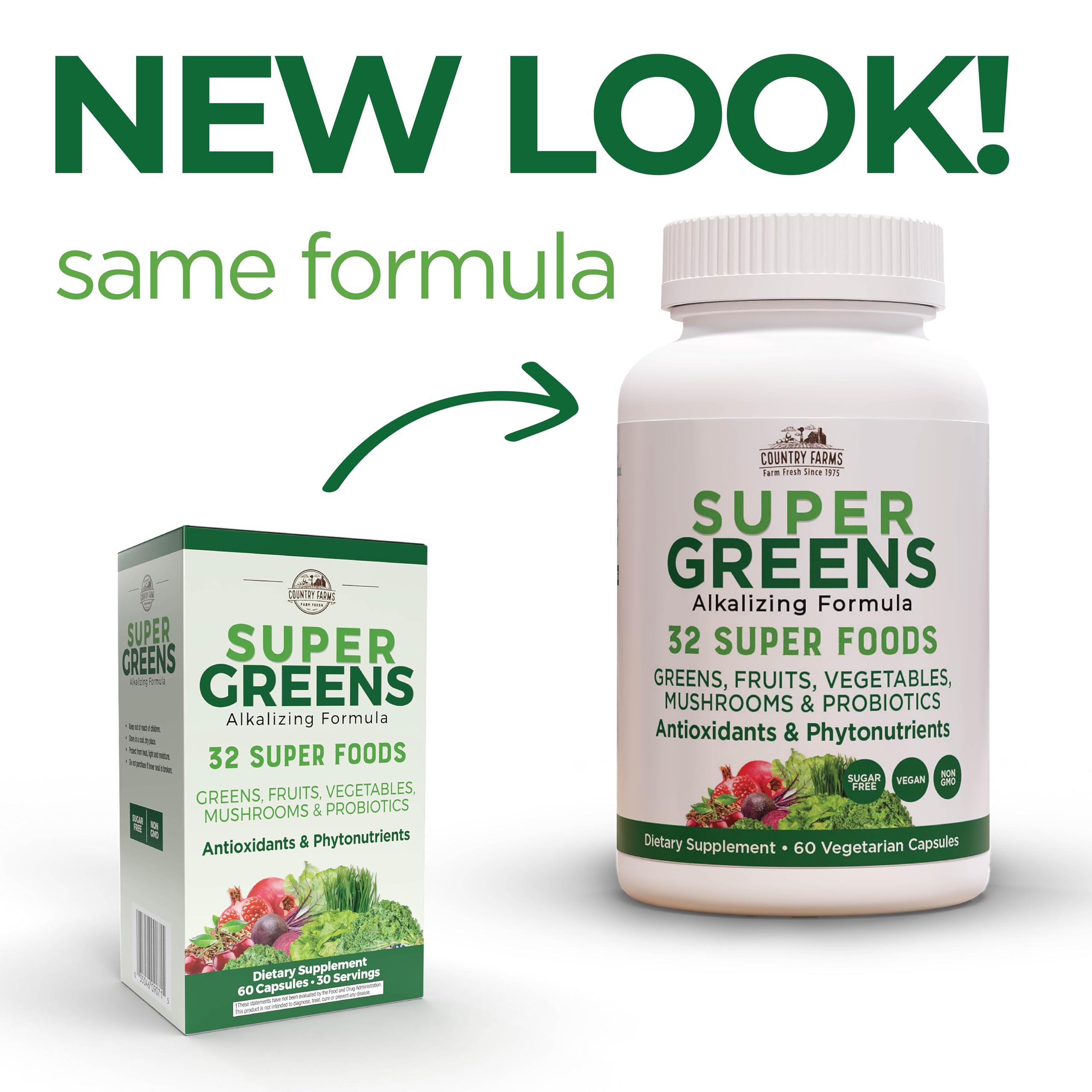 COUNTRY FARMS Super Greens Vegicaps, 32 Super Foods, Whole Food Supplement, Greens, Fruit, Vegetables, Mushrooms & Probiotics, Rich in Antioxidants & Phytonutrients, 60 Count, 30 Servings - Image 3