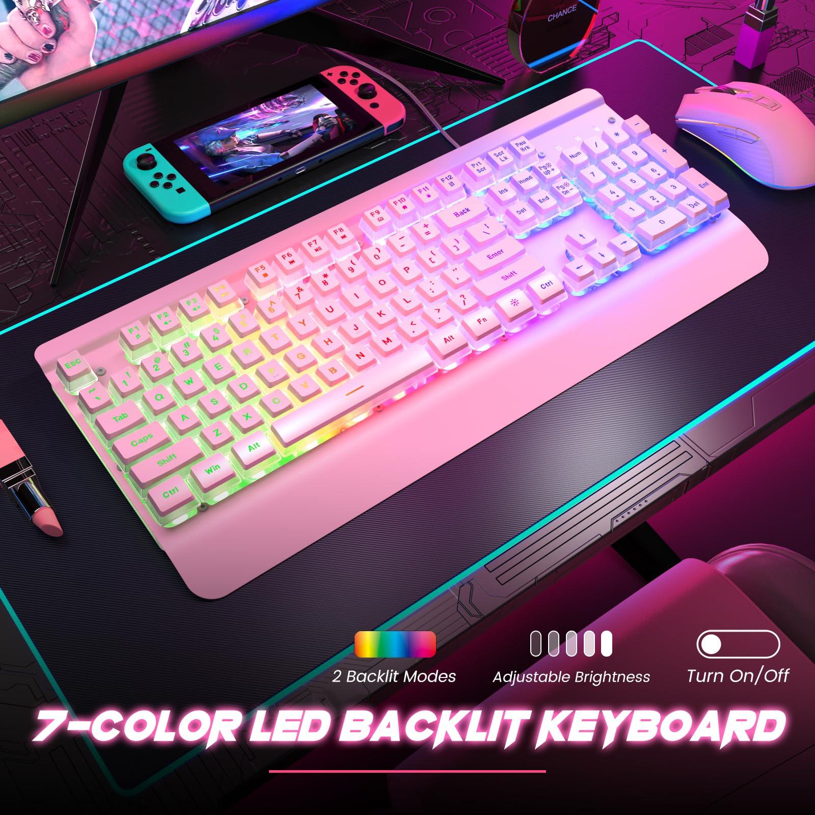 Pink Creamy Keyboard, 104 Keys All-Metal Panel, Rainbow LED Backlit Silent Gaming Keyboard, Wrist Rest, PBT Keycap, Anti-ghosting Keys, Light Up USB Wired Computer Keyboard for PC - Image 2