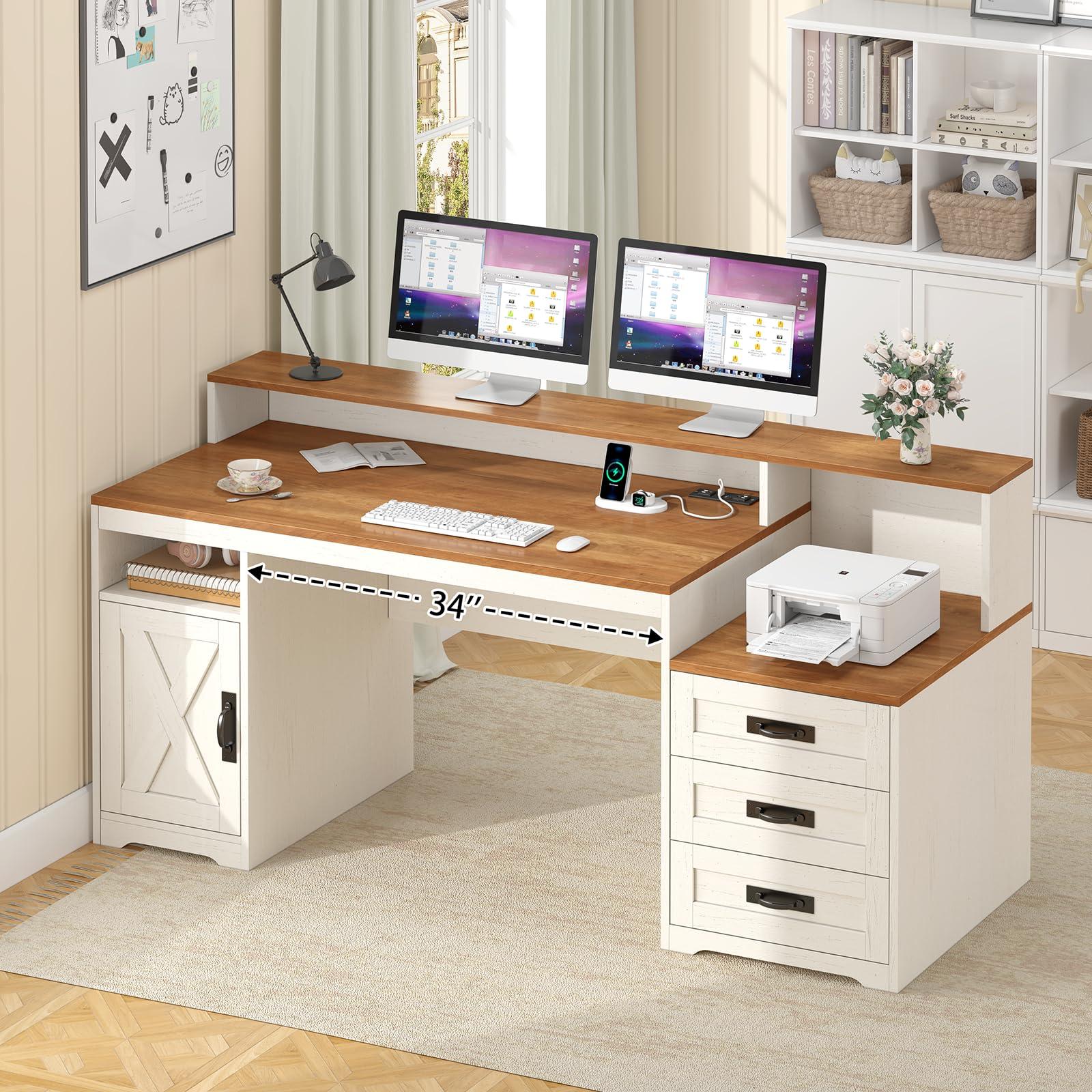 TVU Farmhouse Computer Desk with Drawers, 65'' Home Office Desk with Power Outlets, Storage Cabinet and Printer Stand, Study Writing Desks with Long Monitor Stand, White - Image 8