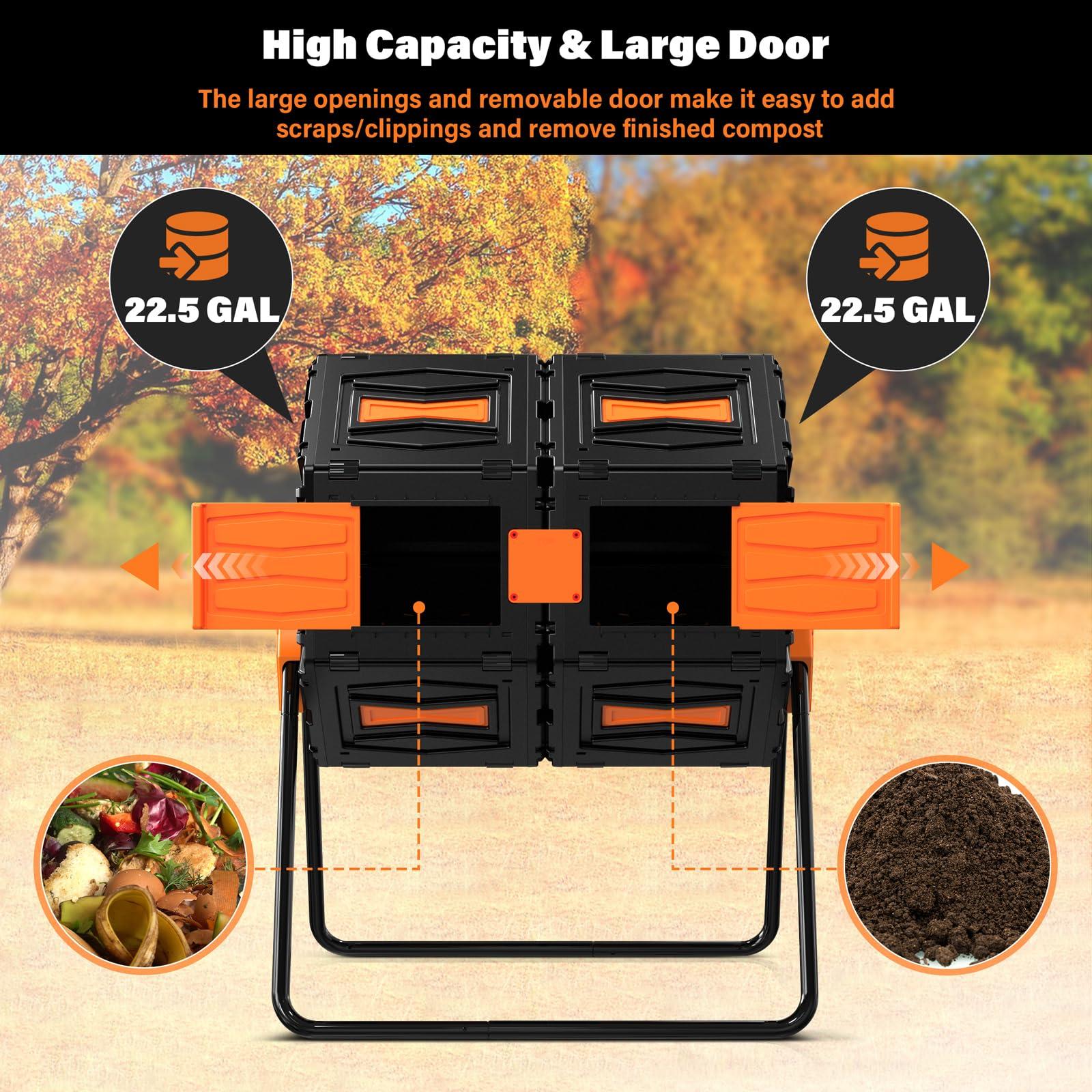 Compost Tumbler, Easy Assemble & Efficient Outdoor Compost Bin, 45 Gallon/170 Liter Large Dual Chamber Rotating Composter for Garden, Kitchen, and Yard Waste, Orange Door - Image 4