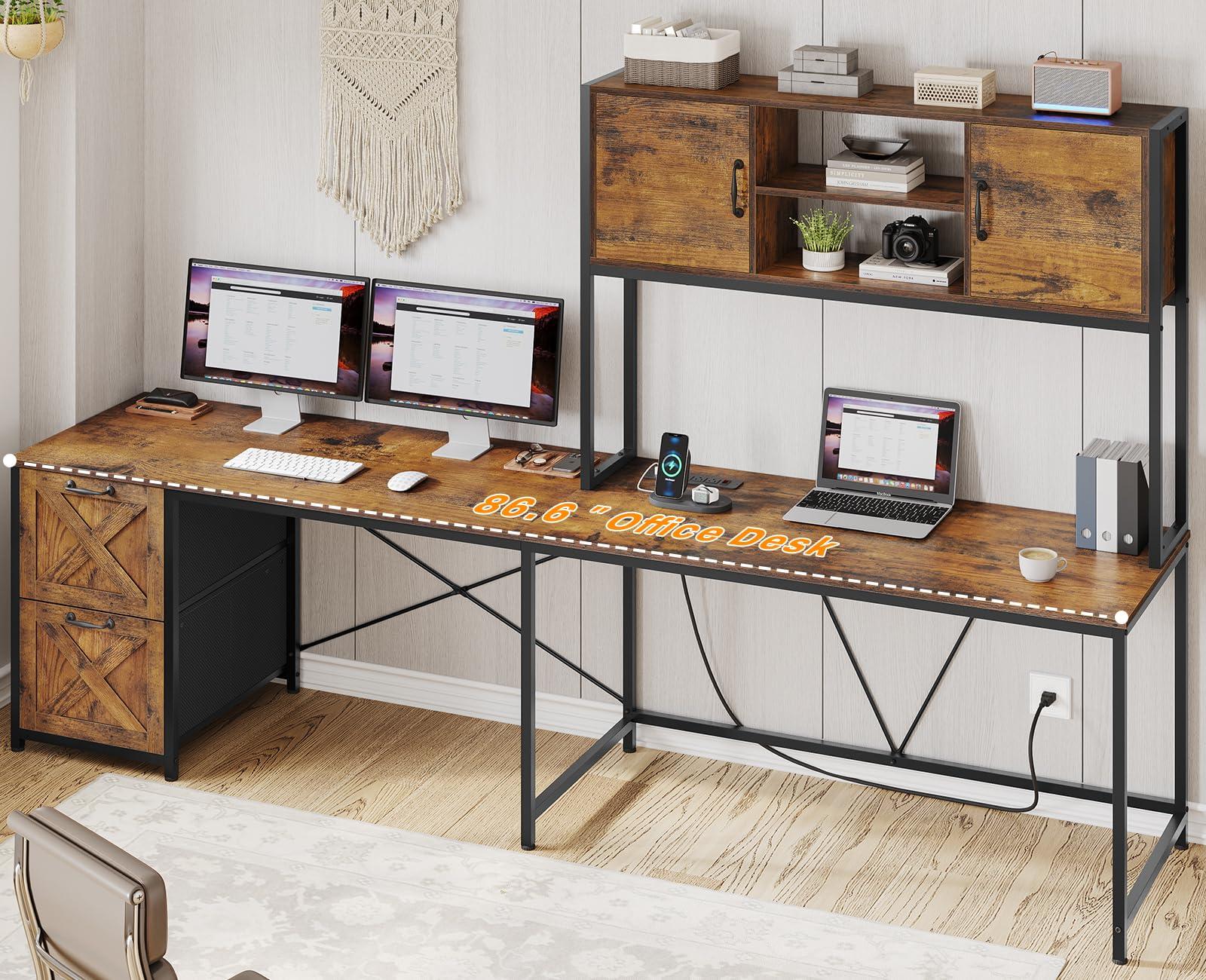 SEDETA L Shaped Desk with Drawers, 62.2" Home Office Desk with Fabric File Drawers and Power Outlet, L Shaped Desk with Hutch, Storage Shelves, LED Lights, Rustic Brown - Image 3