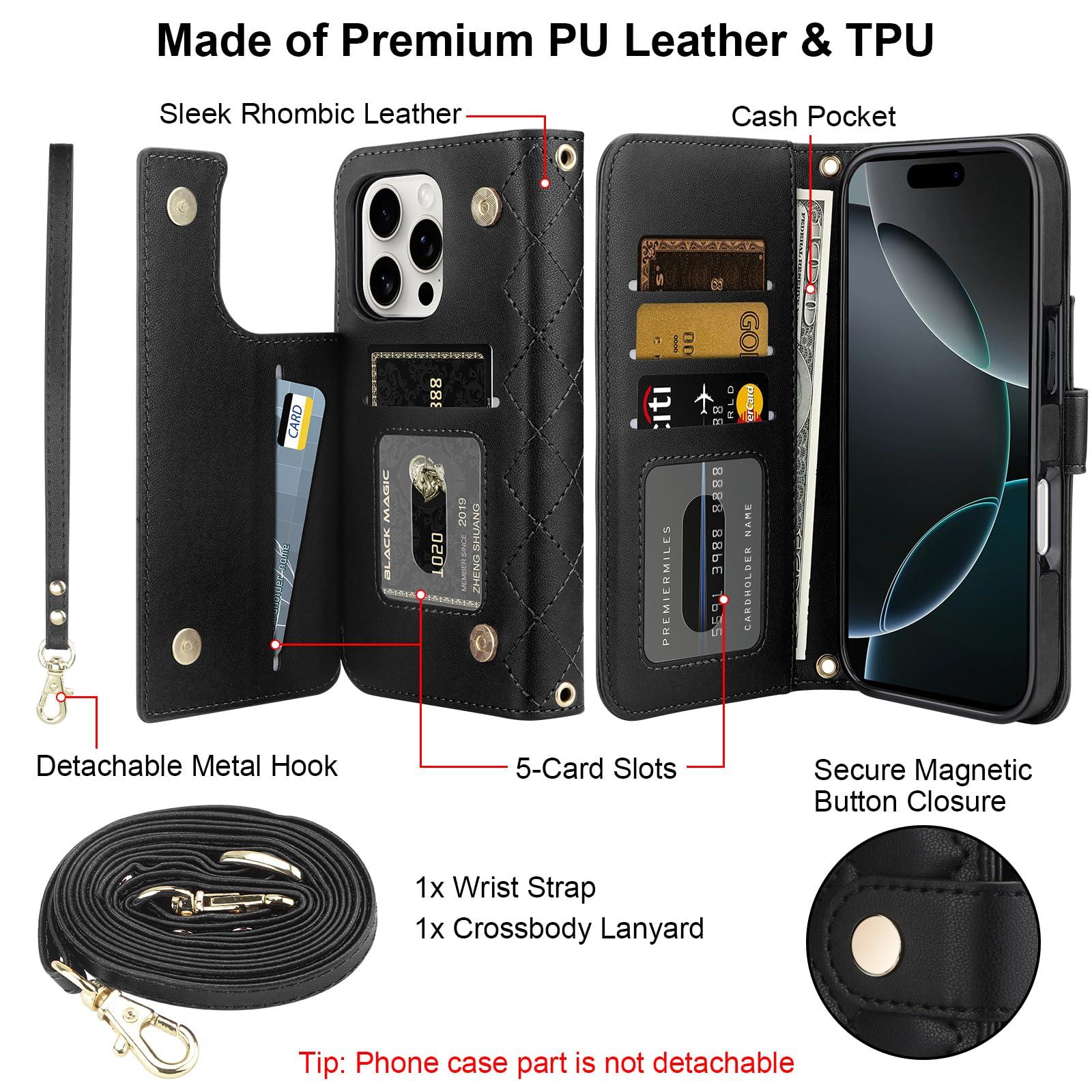 Vofolen Compatible with iPhone 16 Pro Case with Card Holder Crossbody Wrist Strap Leather Flip Case with Magnetic Clasp Kickstand Heavy Duty Protective Wallet Phone Case for Women, 6.3 Inch Black - Image 2