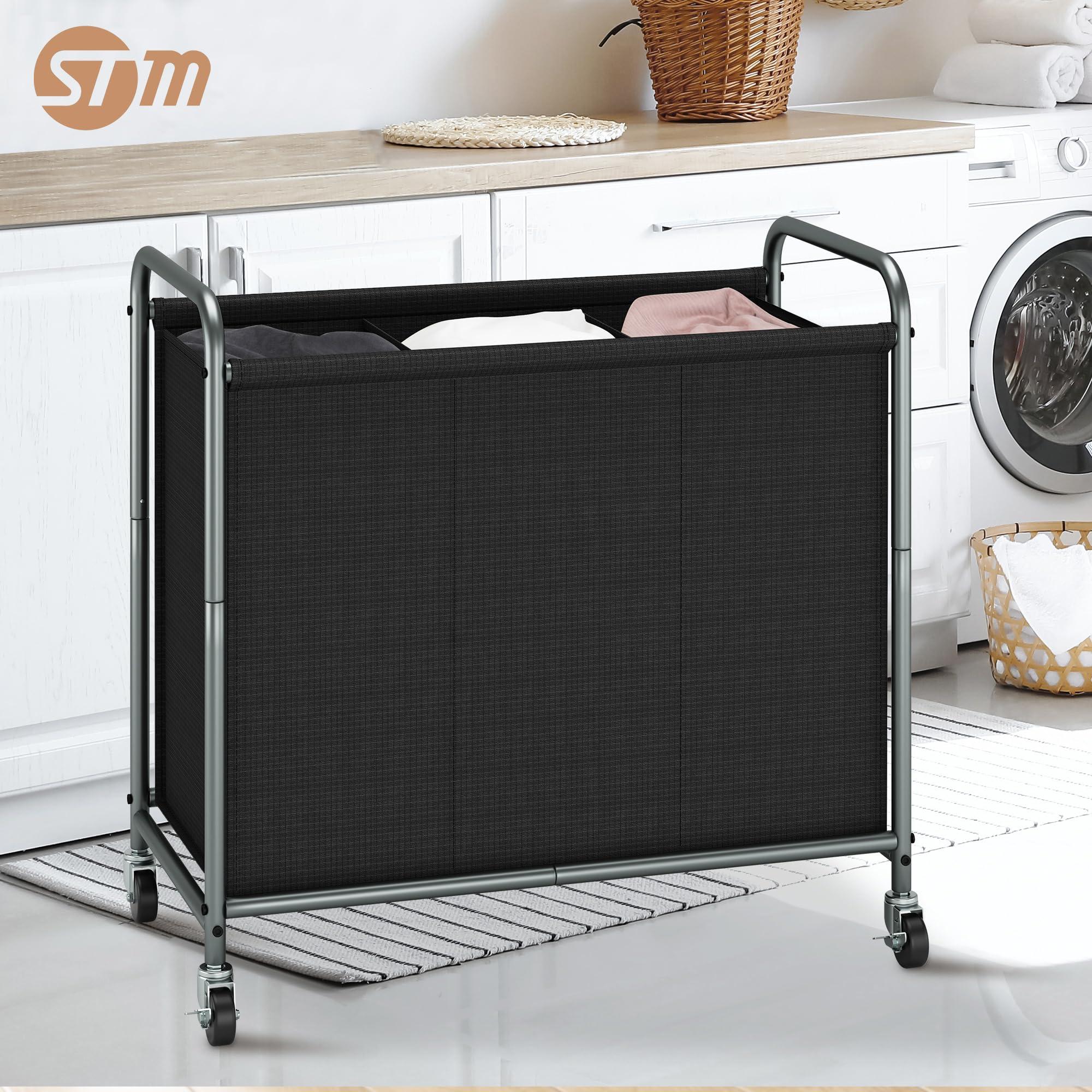 STORAGE MANIAC Rolling Laundry Hamper, 165L Laundry Basket with Lockable Wheels, Triple Clothes Sorter Cart, 3 Bag Clothes Separator Hamper for Closet, Bathroom, Laundrys Room, 3 Section Black - Image 2