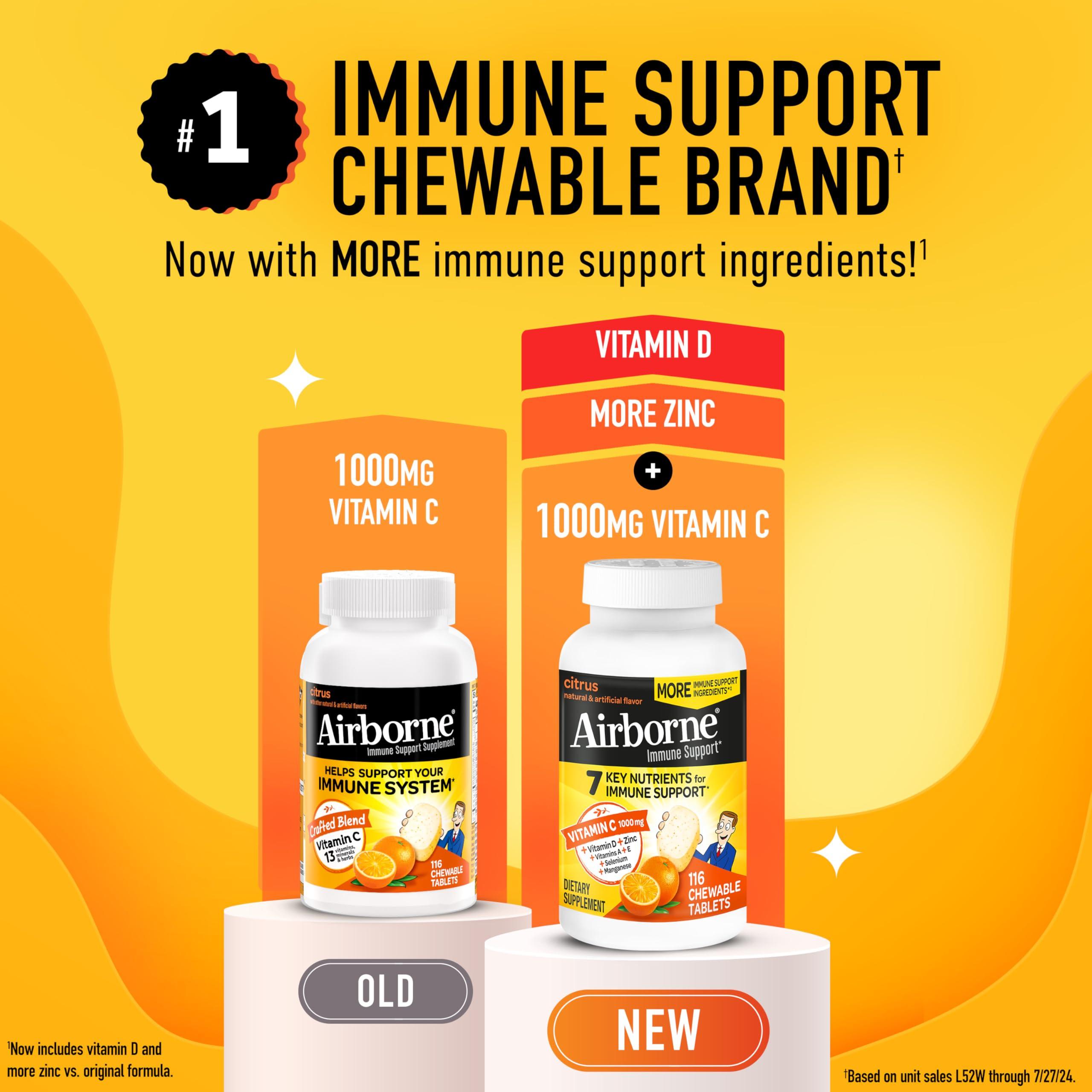 Airborne Vitamin C 1000mg (per Serving) - Citrus Chewable Tablets (116 Count in a Bottle), Gluten-Free Immune Support Supplement, with Vitamins A C E, Zinc, Selenium, Echinacea, Ginger, Antioxidants - Image 2