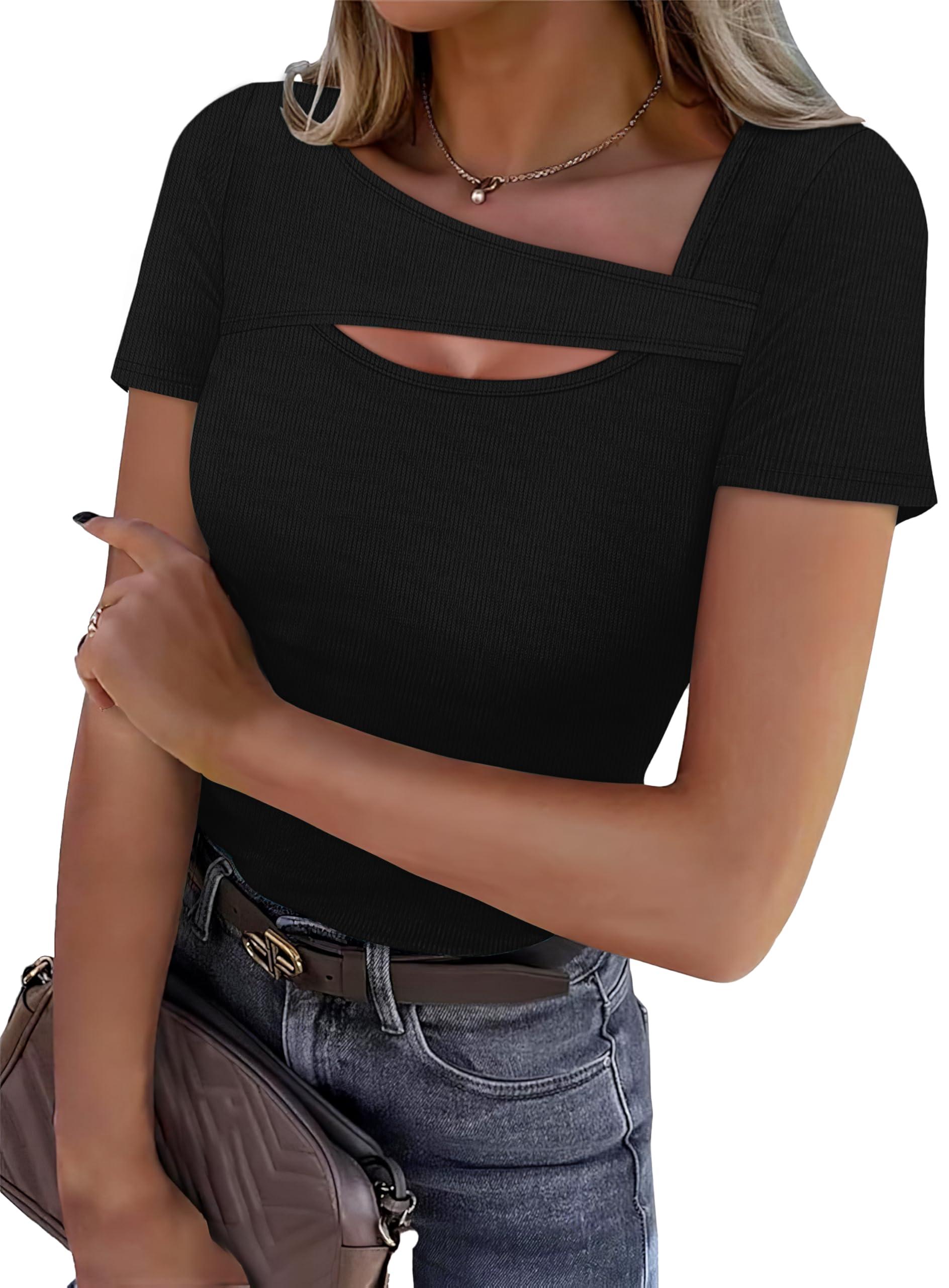 XIEERDUO Womens Summer Tops Short Sleeve Shirts for Women Sexy Tops Y2K Shirts One Piece Cutout Tops