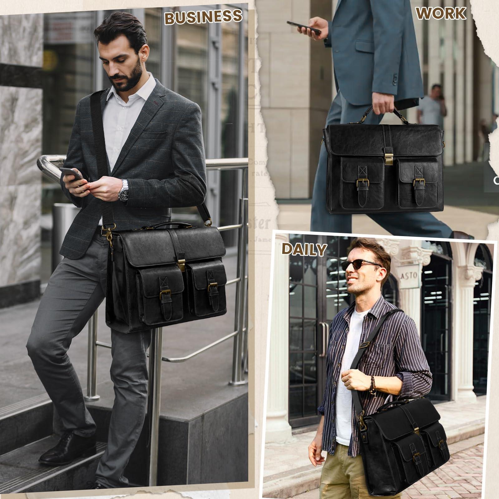 RAINSMORE Mens Messenger Bag 15.6 Inch Leather Vintage Laptop Briefcase Waterproof Computer Laptop Bag Leather Satchel Bag Large Shoulder Bag for Office Work Travel College, Black - Image 6