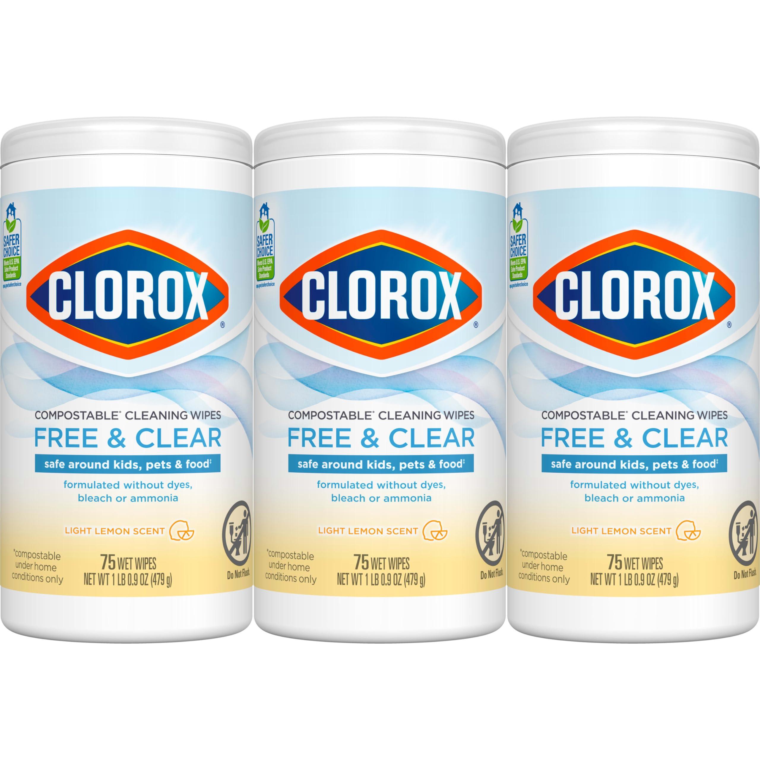 Clorox Free & Clear Compostable Cleaning Wipes, Light Lemon Scent, 75 Count, Pack of 3 (Pack May Vary) - Image 13