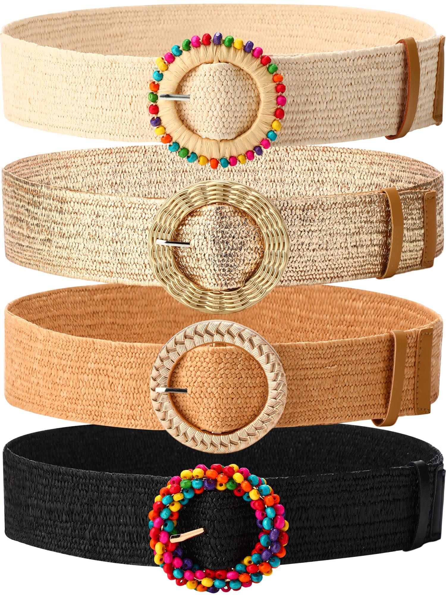 WILLBOND 4 Pcs Straw Woven Belt Elastic Stretch Rattan Buckle Waist Belt Women Skinny Raffia Dress Waist Band