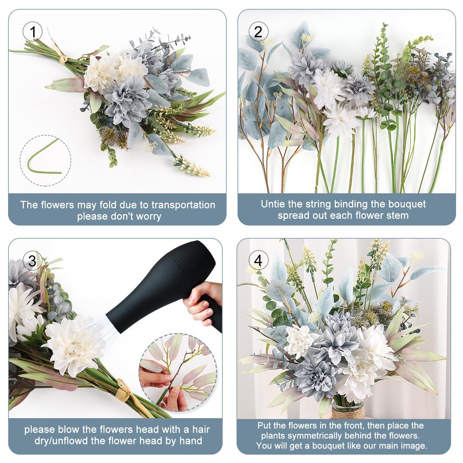 Fake Artificial Flowers Bouquet for Decoration, Silk Floral Arrangements Faux Flowers Plant Wedding Bride Bouquets Tables Centerpieces for Rustic Home Decor Indoor Vase Floral Table Decor (Blue White) - Image 7