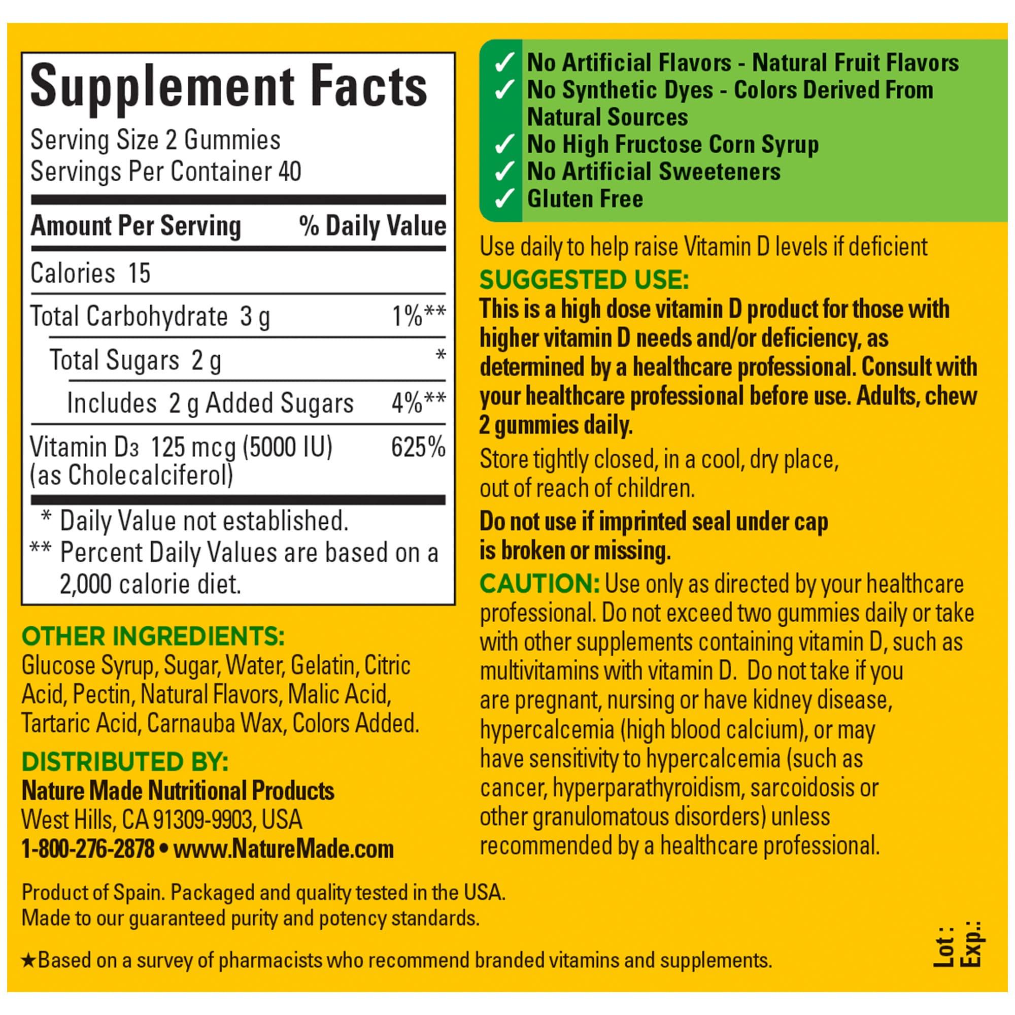 Nature Made Extra Strength Vitamin D3 5000 IU (125 mcg) per serving, Dietary Supplement for Bone, Teeth, Muscle and Immune Health Support, 80 Gummies, 40 Day Supply - Image 5