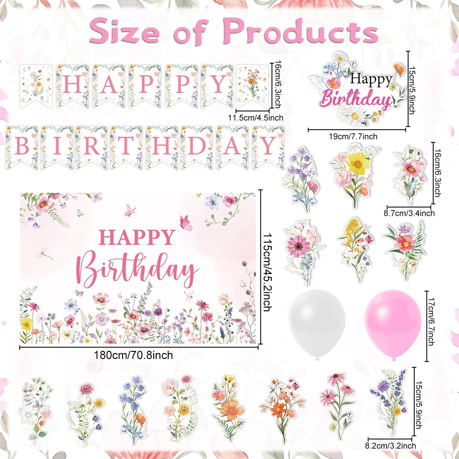 Rngmsi Flower Birthday Decorations Set - 42PCS Wildflower Floral Birthday Decor Party Supplies for Girls Women Happy Birthday Banners Balloons Backdrop Hanging Swirls Cake Topper Cupcake Toppers - Image 3