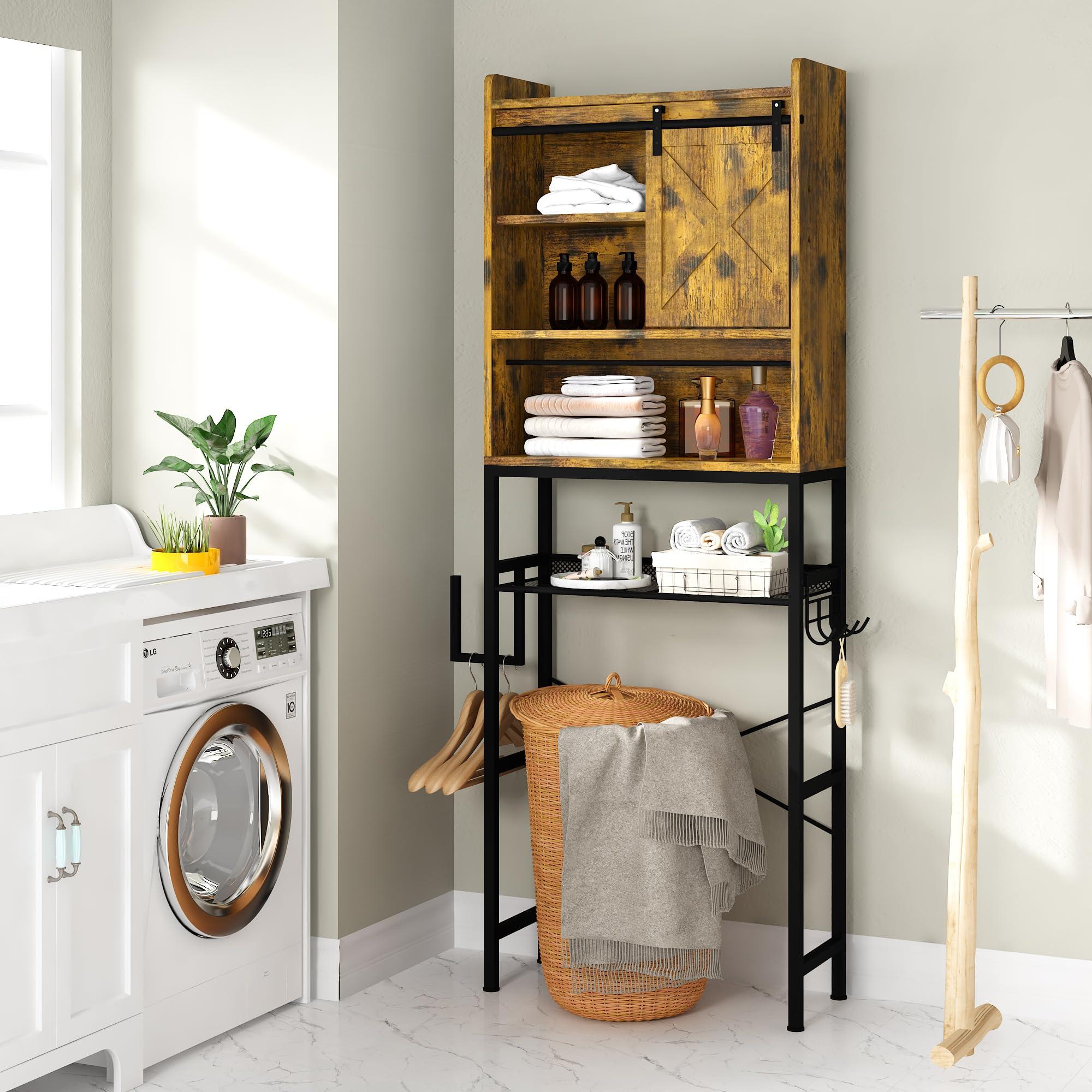 Lamerge Over The Toilet Storage Cabinet, Bathroom Organizer with Barn Door, Freestanding with Adjustable Shelf, Paper Hook, Space Saver, Retro Brown - Image 4