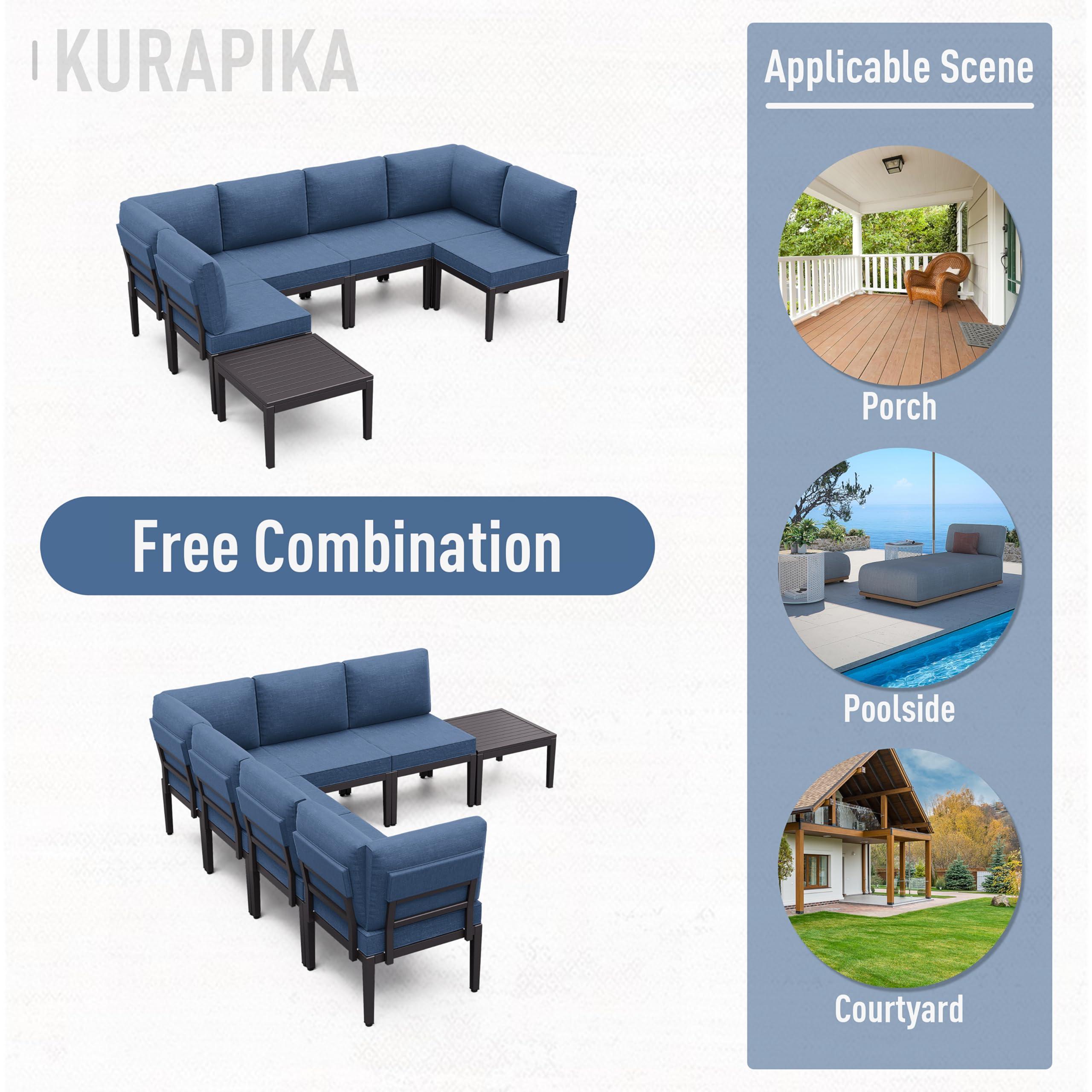 Kurapika 7 Pieces Metal Patio Furniture Set Modern Metal Outdoor Conversation Sets, Patio Sectional Sofa w/5 Inch Cushion and Coffee Table, Navy Blue - Image 7
