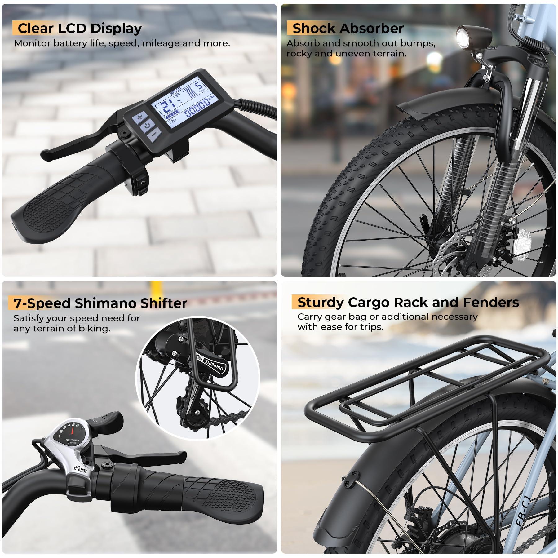 Funhang Electric Bike for Adults, 1000W Peak Ebike, 21.7MPH 50Miles City Cruiser Ebikes, 26" Step Thru Electric Bicycle with 48V Removable Battery, Adjustable Stem, Rear Rack, Front Suspension,7 Speed - Image 5