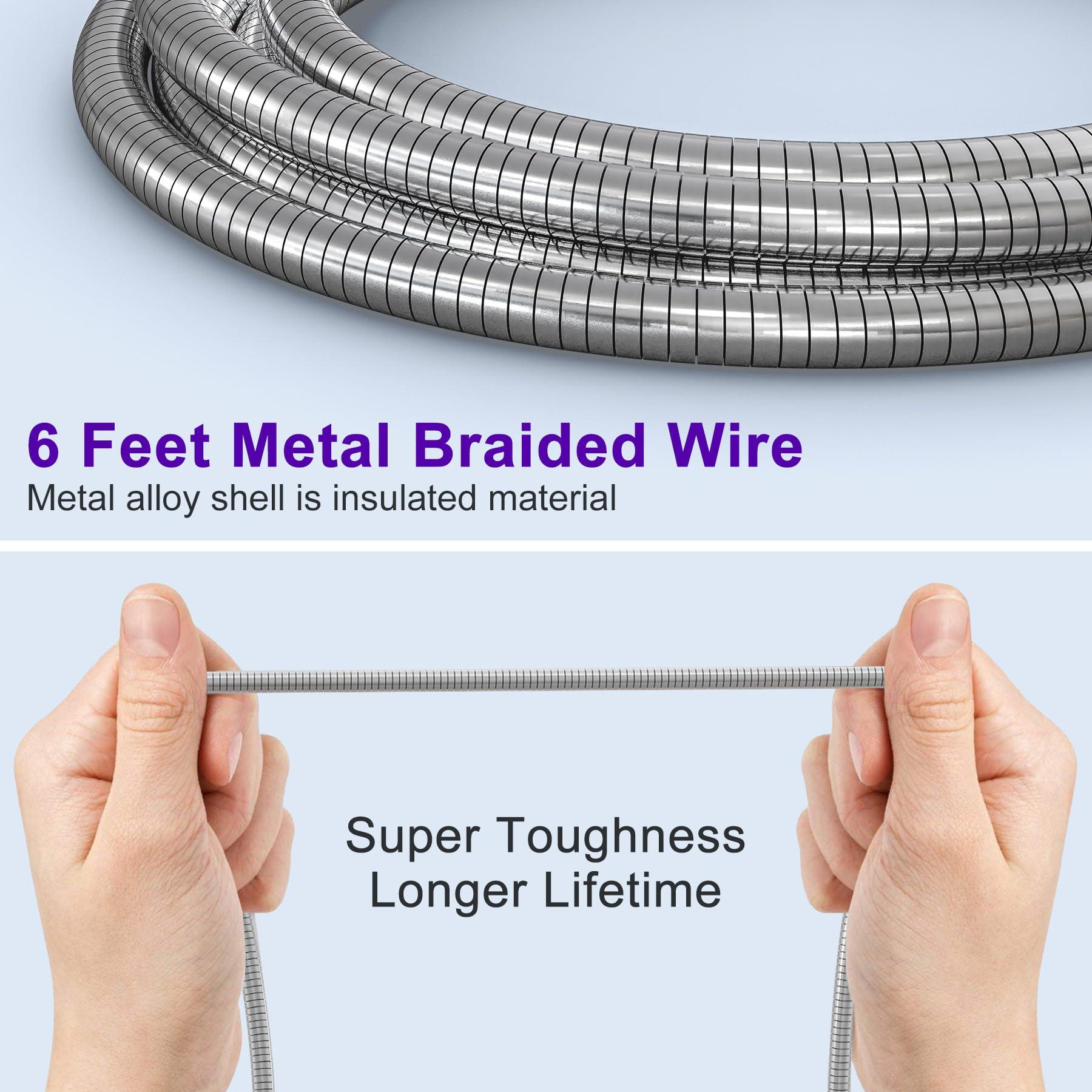 6FT Chew Proof iPhone Charger Cord - MFi Certified Silver Metal Braided USB to Lightning Cable, Metal Dog Cat Chew Proof iPhone Charging Cord with Data Transfer, for iPhone 14 13 12 11 X XS XR 8 7 6 5 - Image 6
