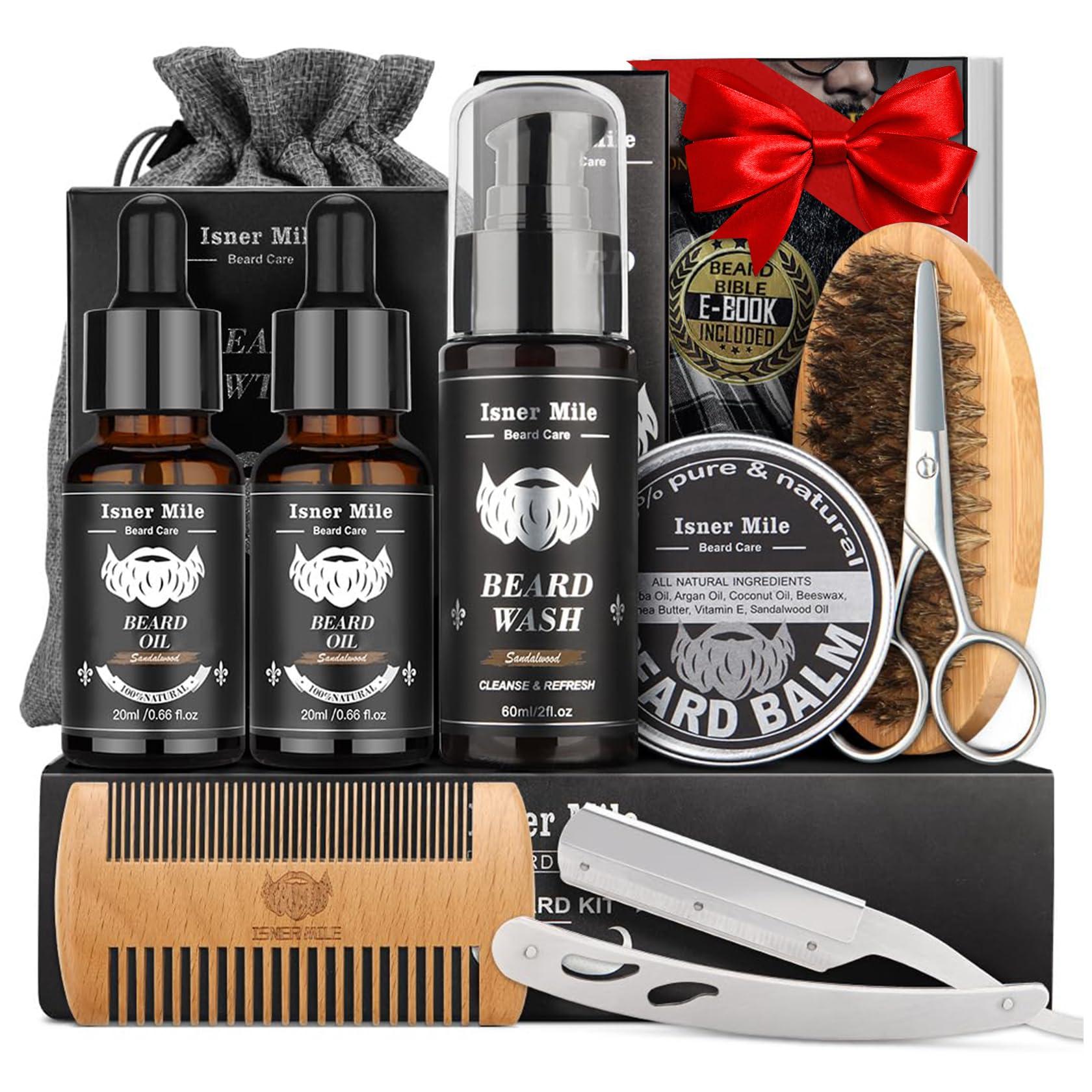Isner Mile Beard Grooming Kit for Men: Trimming Sets with Beard Wash/Shampoo - Oil - Balm - Brush - Comb - Scissors & Storage Bag, Valentines Birthday Fathers Gifts for Dad Men Husband Boyfriend