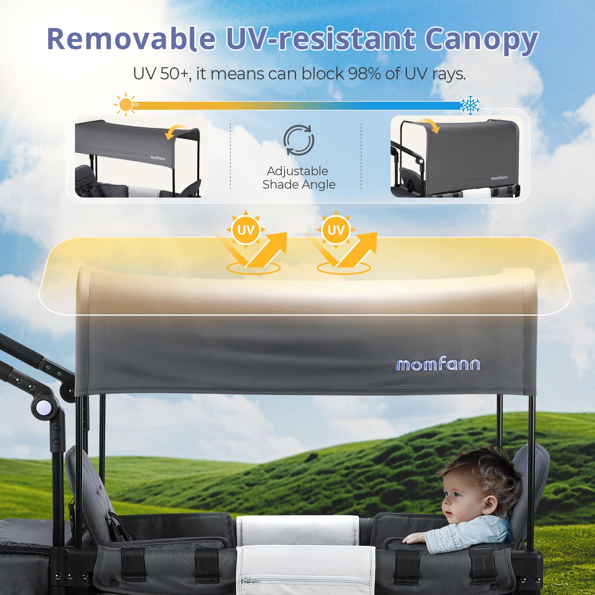 MOMFANN Double-Seater Baby Wagon with Canopy, Push Pull Stroller with Adjustable Handle, Wagon Stroller for 2 Kids & Outdoor Adventures (Dark Grey) - Image 6