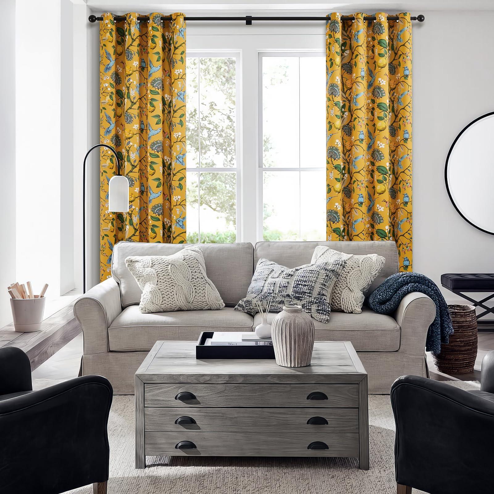 Topfinel Mustard Yellow Vintage Curtains & Drapes 84 Inches Long, Grommet Luxury Whimsical Floral Lemon Hummingbird Patterned Waverly Mid Century Colorful Blackout Drapes for Living Room Bedroom - Image 6