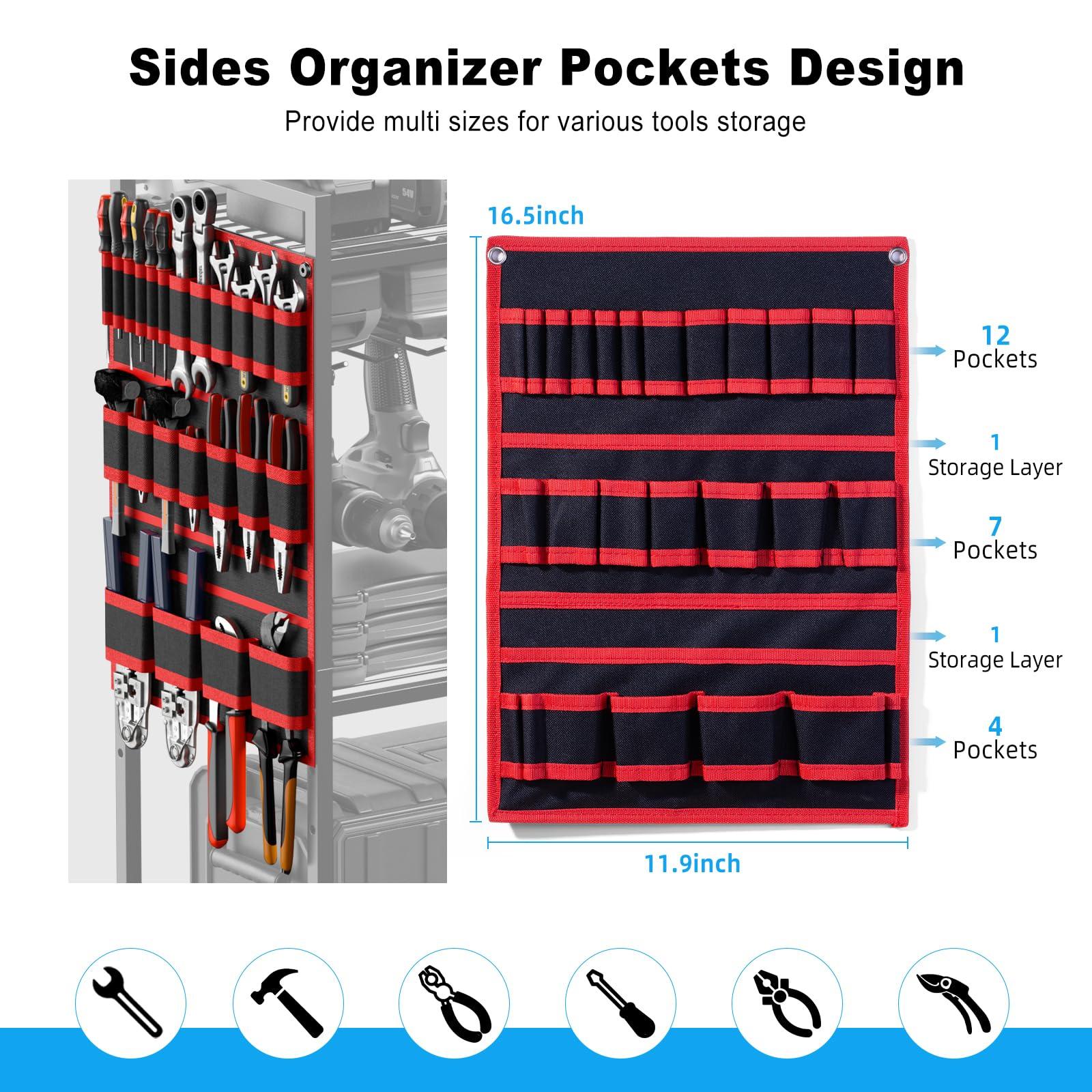 JUNNUJ Large Power Tool Organizer Cart with Charging Station, Garage Floor Standing Rolling Drill and Tools Battery Storage Cart on Wheels, Heavy Duty Utility Rack Shelf with 8 Outlet Power Strip, Red - Image 4