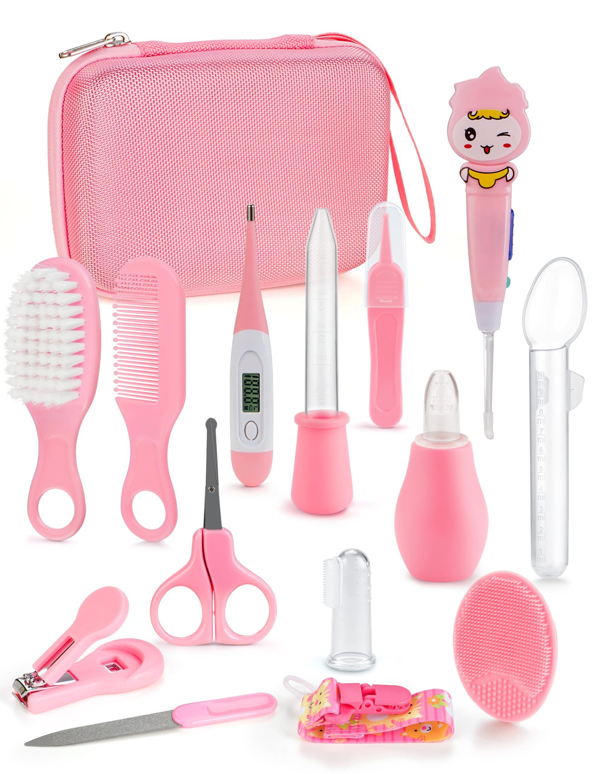 Bokhot Baby Healthcare and Grooming Kit 15 in 1, Safe Baby Grooming Kit Newborn Girl Boy Essentials, Portable Baby Care Set Nursery Shower Gift for Infant Baby Registry Search, Pink