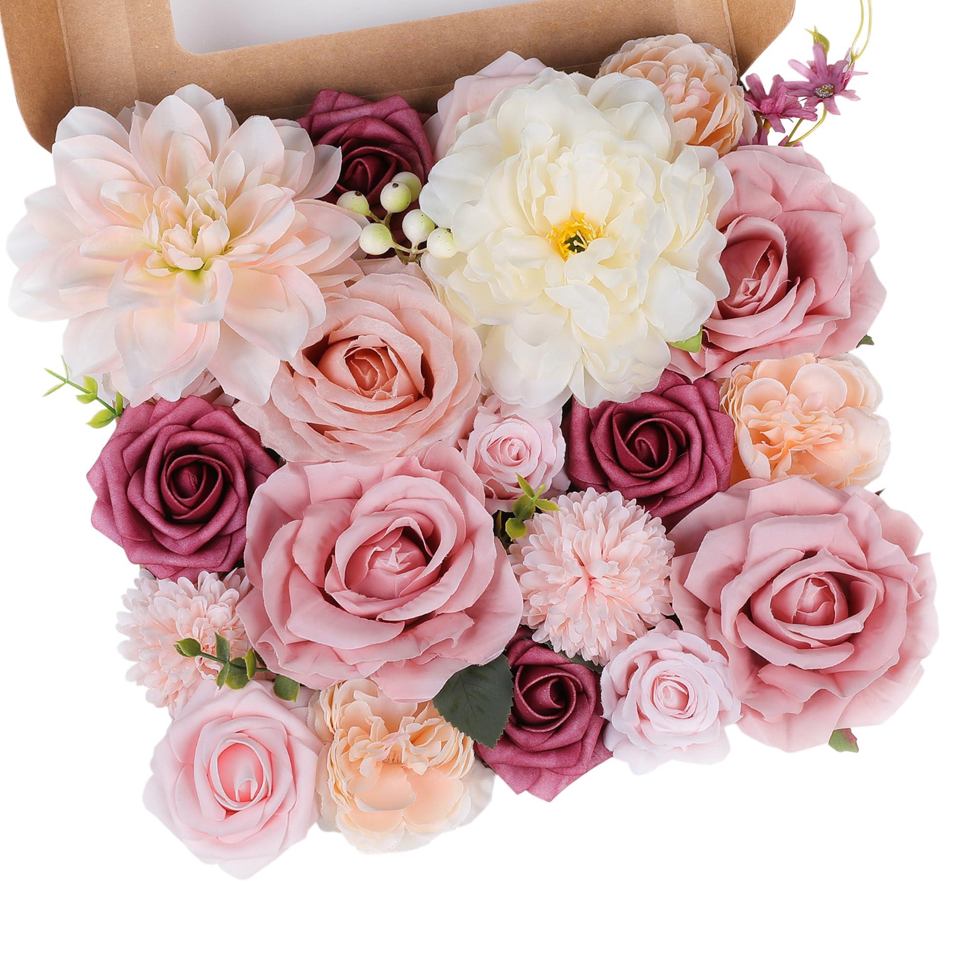 AGIRL Rose Artificial Flowers Combo Fake Flowers Pink Roses Silk Flowers with Stems for DIY Bridal Wedding Bouquets Centerpieces Arrangements Table Party Baby Shower Home Decor (Champagne Pink)