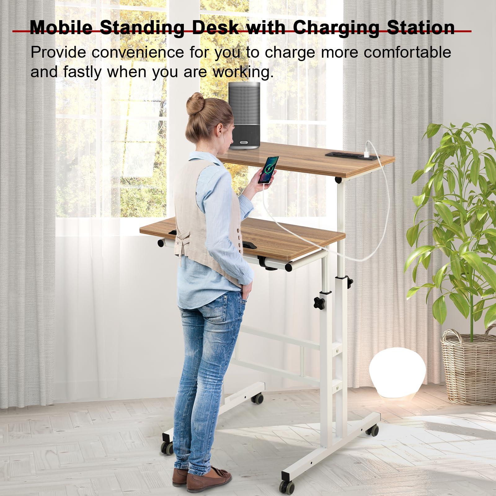 Hadulcet Mobile Standing Desk with Charging Station, Adjustable Computer Desk, Laptop Cart with Wheels for Home Office, Classroom - Vintage Oak - Image 6
