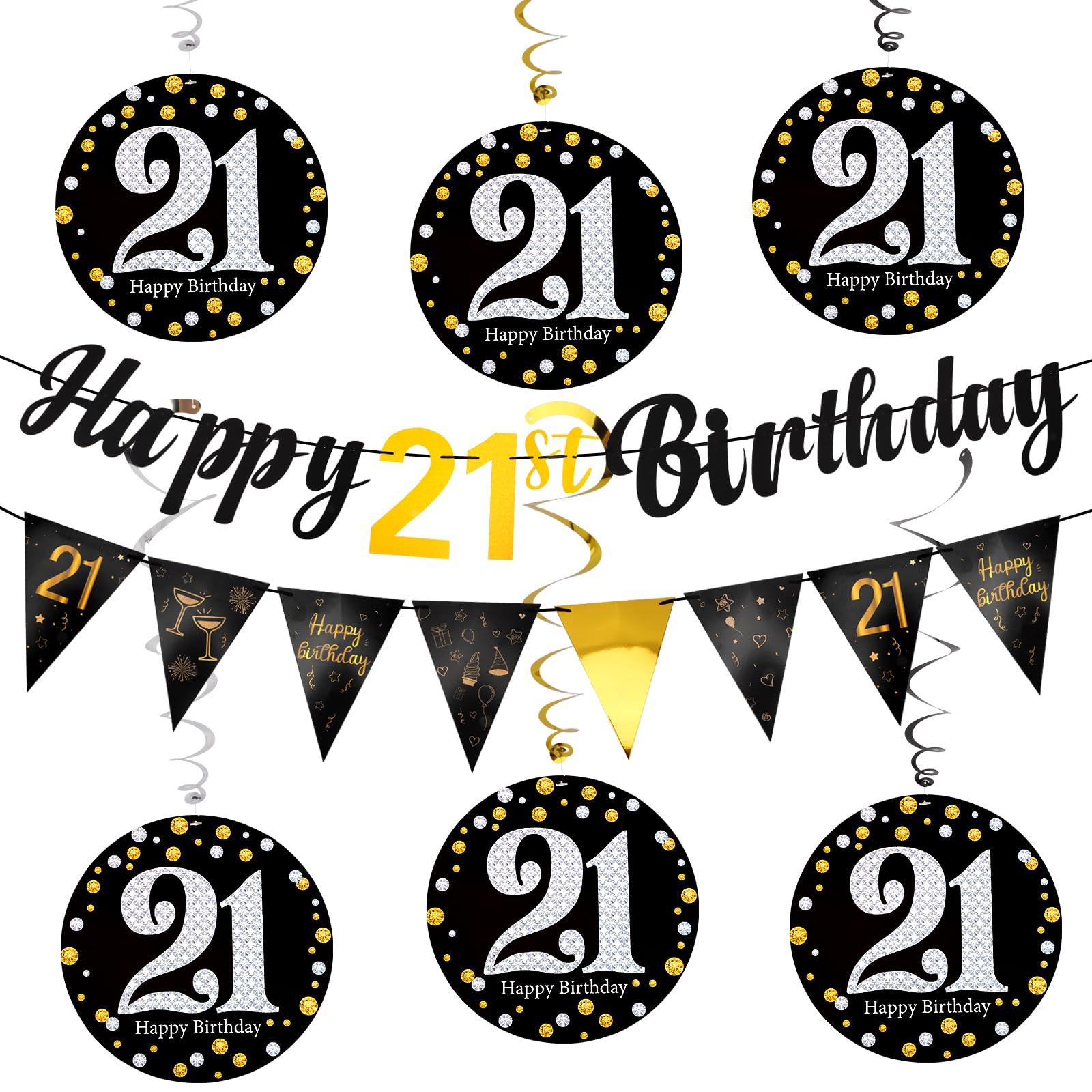 Hapdoo 21st Birthday Decorations Set - 21st Birthday Decorations Men Happy 21 Banner Triangle Flag Hanging Swirls Streamers for Women Men Party Supplies, Black and Gold - Image 8