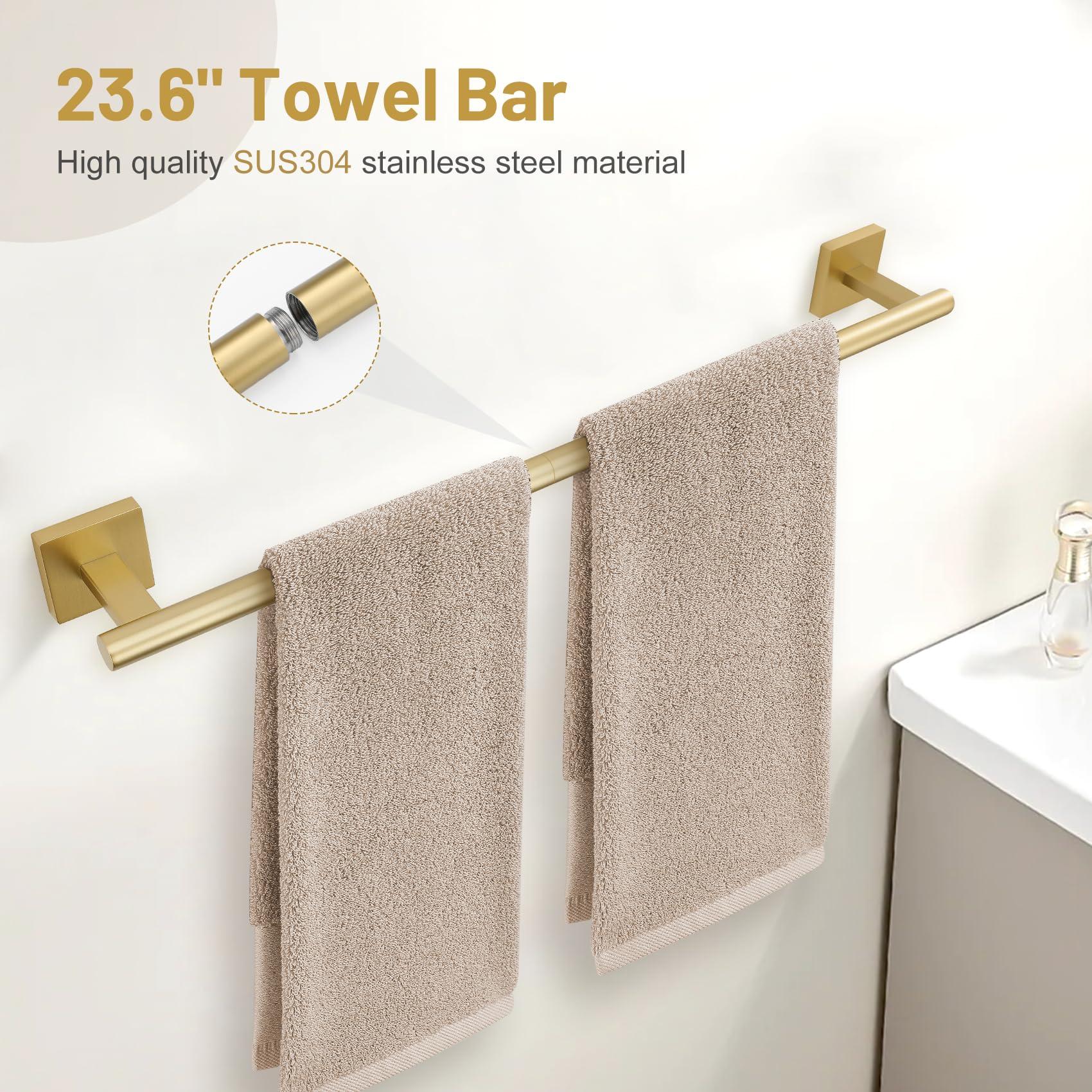 5 Pieces Bathroom Hardware Set Brushed Gold Towel Bar Set Includes 23.6” Towel Bar, Towel Ring Holder, Toilet Paper Holder and Two Towel Hooks, Bathroom Accessories Set SUS304 Wall Mounted - Image 4