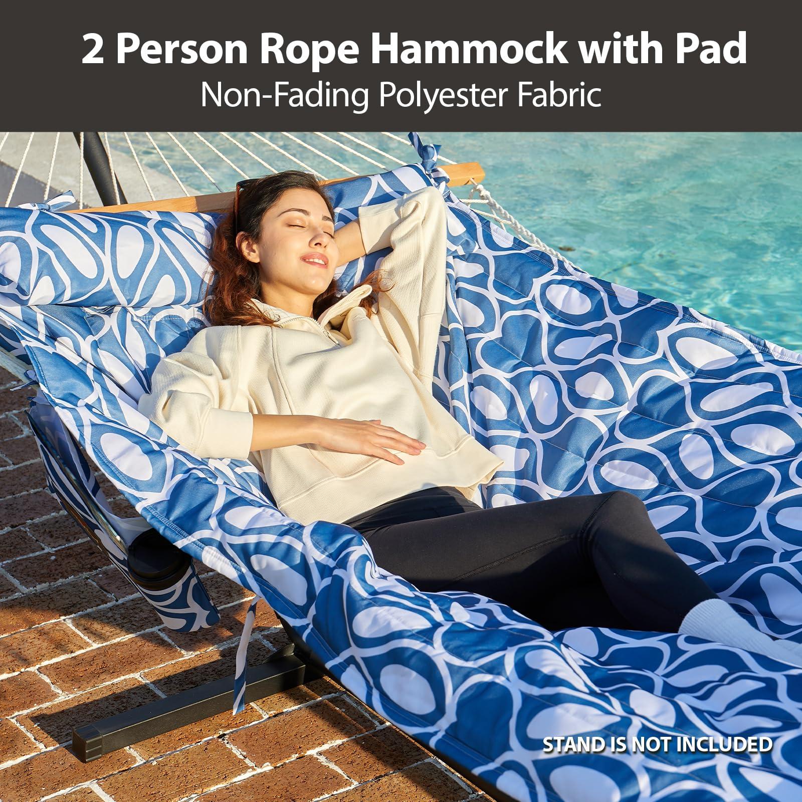 CHULIM Outdoor Double Hammock with Hardwood Spreader Bars Cotton Rope Hammock with Polyester Pad and Pillow 475 LBS Capacity 2 Person Hammock Large Hammock for Patio Backyard Poolside - Blue Printing - Image 3
