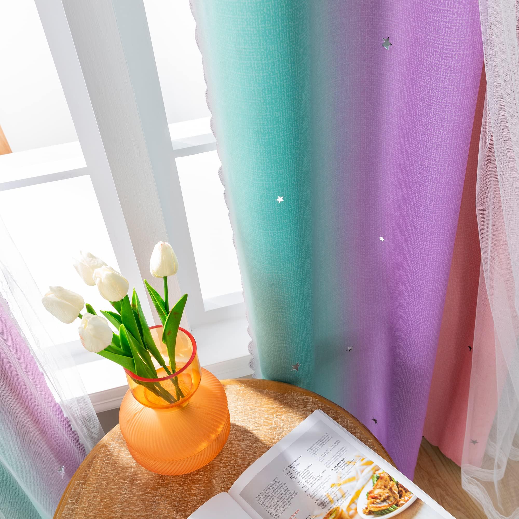 XiDi Curtains for Girls Bedroom Decor, Rainbow Blackout Curtains for Kids Room Decor, Purple for Little Girl Room, Unicorn Wall Decals Pink Curtains Green, 63 Inches Long 34 Wide 1 Panel - Image 3