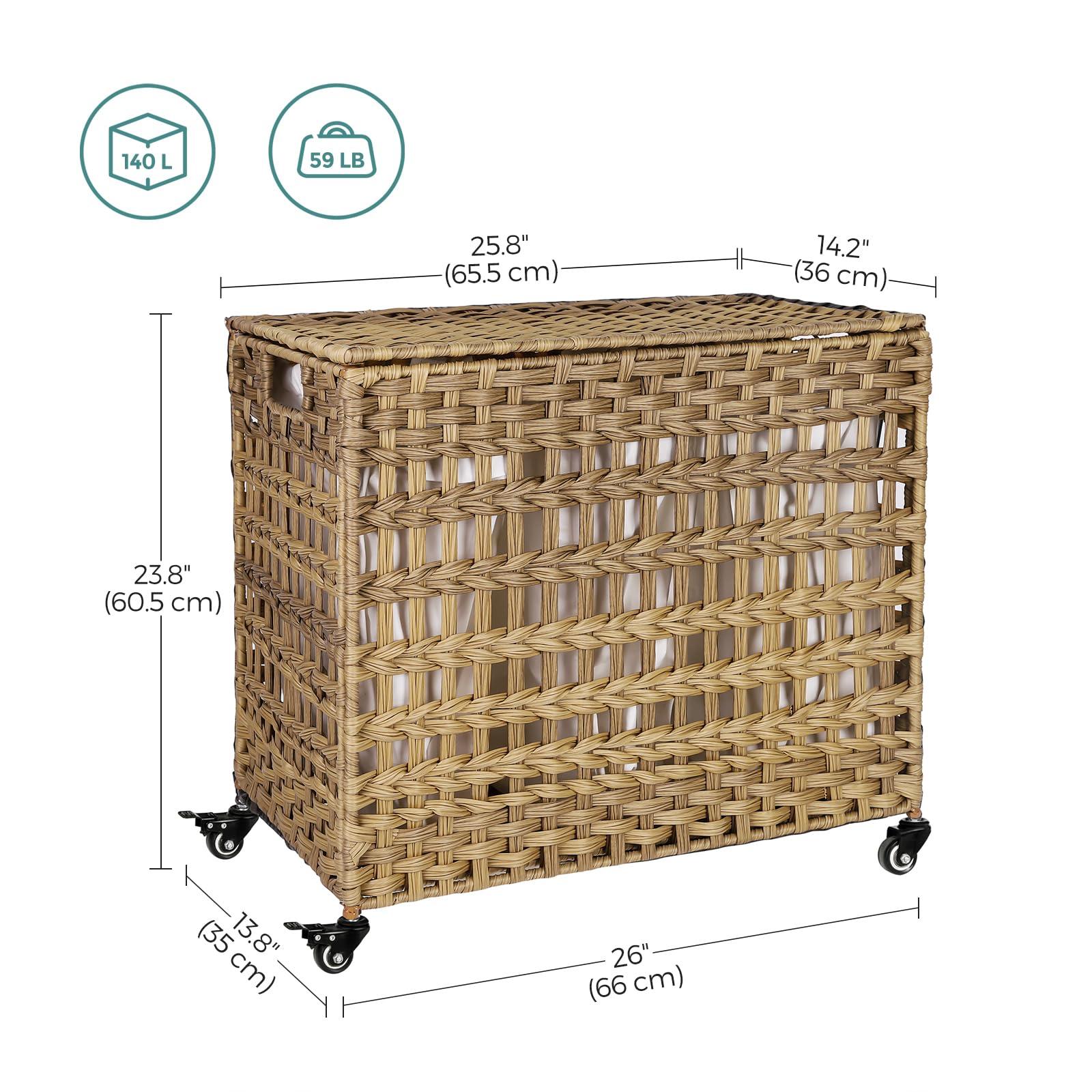 SONGMICS Laundry Hamper with Lid, 140L Synthetic Rattan Laundry Basket with Wheels, Clothes Hamper with 3 Removable Liner Bags, 3-Section Hampers with Handles, Laundry Room, Natural ULCB083N01 - Image 3
