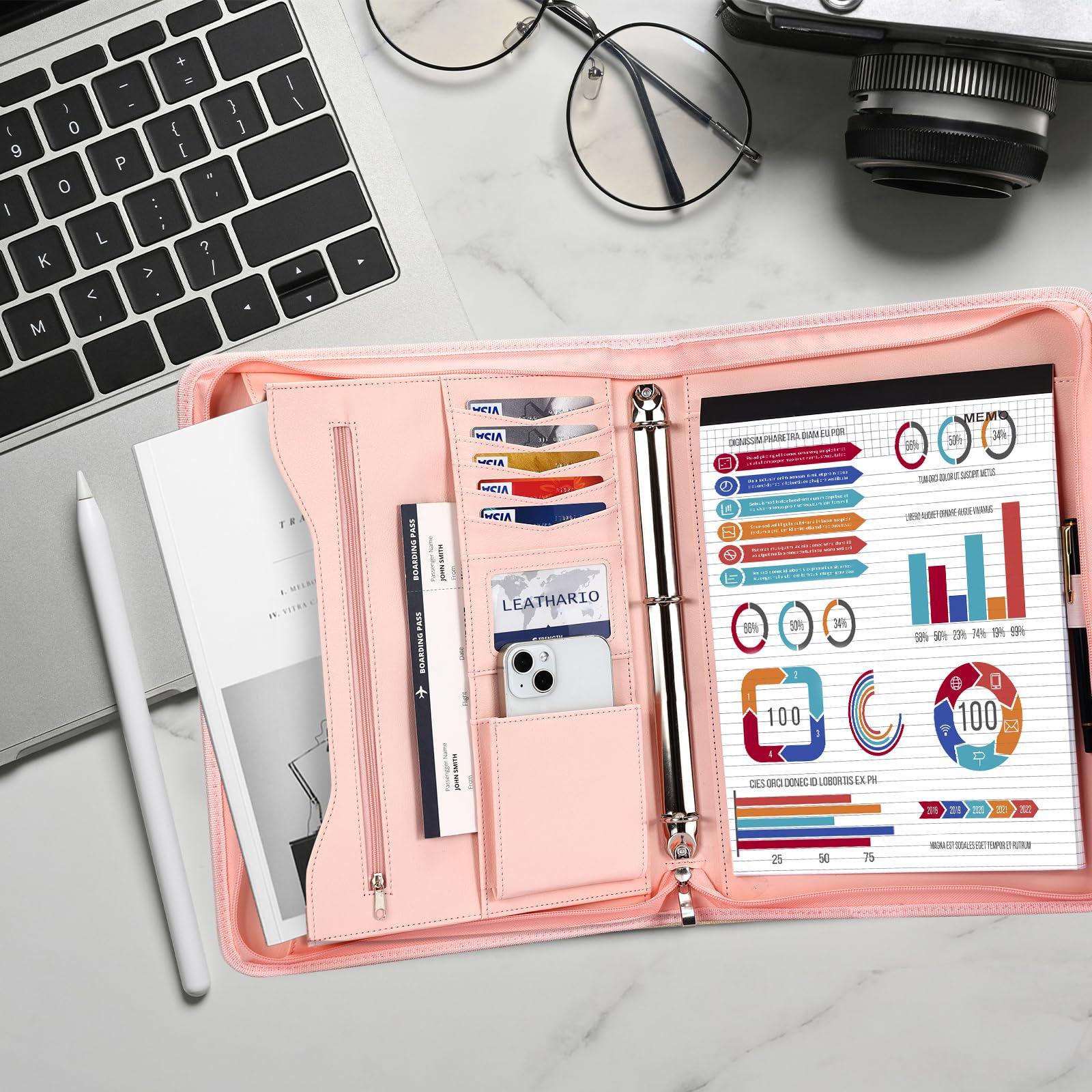 Leathario Portfolio Binder, Includes 10 Sheet Protectors and 3 Notepads, 3-Ring Folder Organizer, A4 Padfolio with Zipper, Vegan Leather Tablet Sleeve, Business Office Conference Clipboards - Image 2