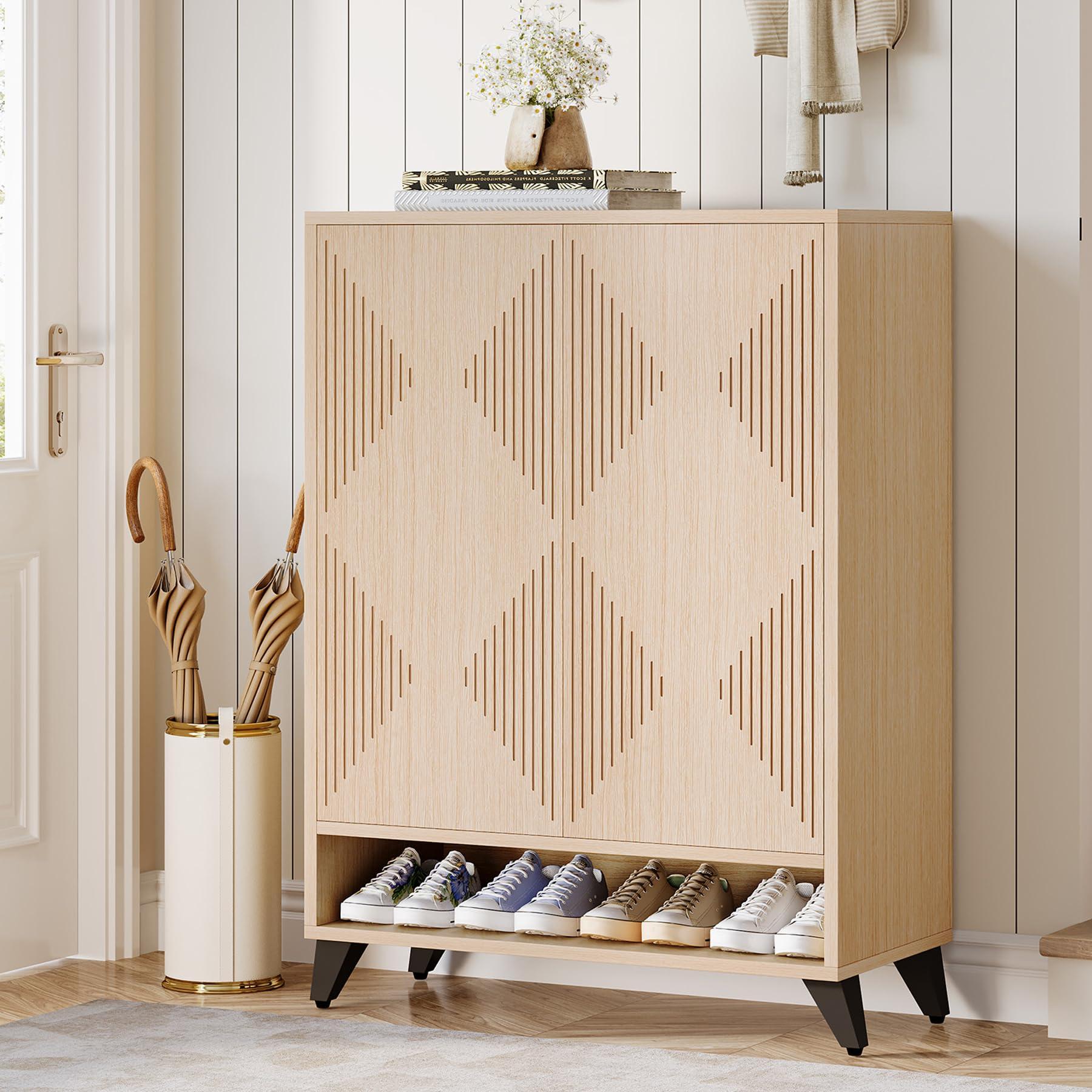 Tribesigns Shoe Cabinet with Doors, 6-Tier Entryway Shoe Storage Cabinet with Adjustable Shelves, Modern Wooden Shoe Organizer Cabinet for Living Room, Bedroom, Natural