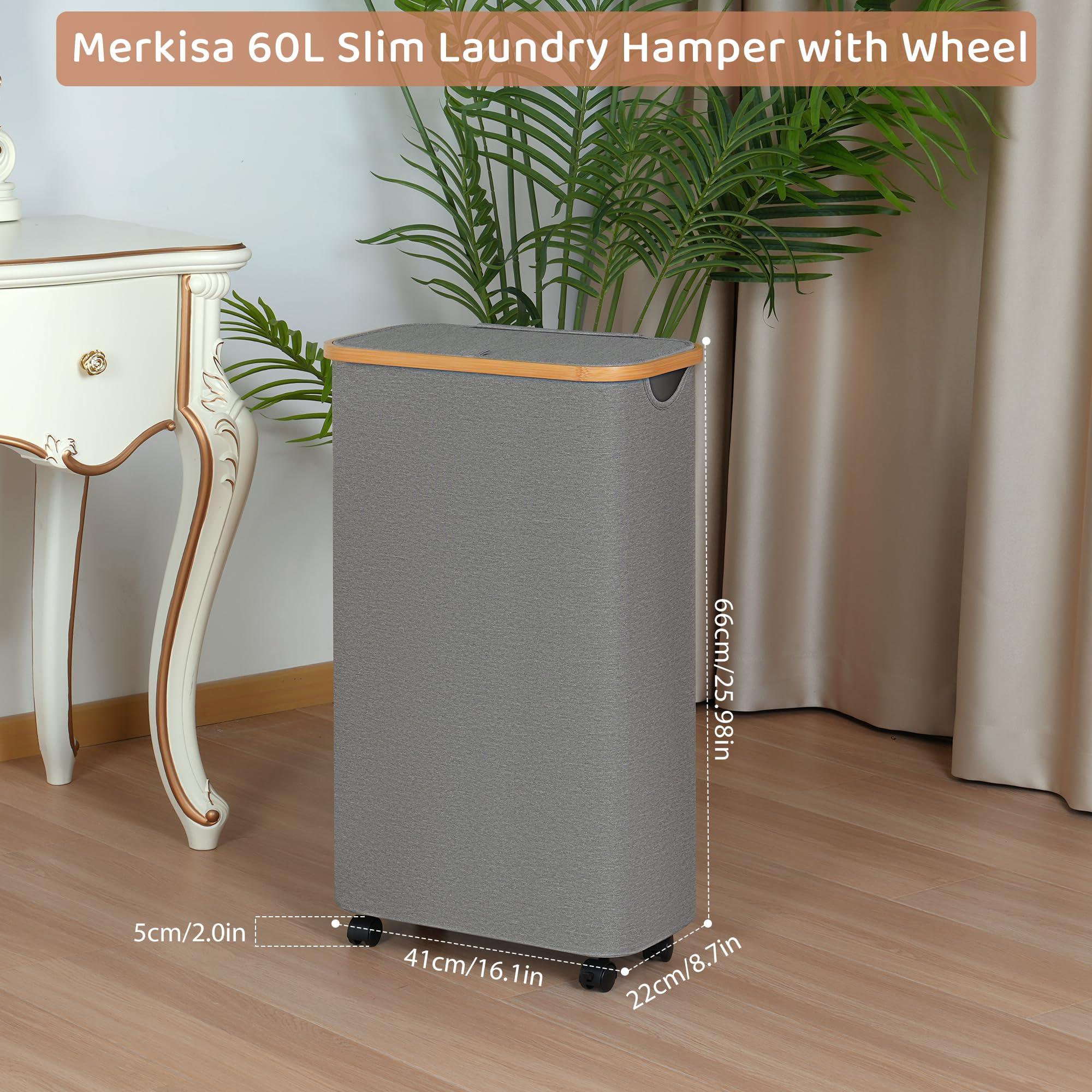 Merkisa Slim Laundry Basket with Wheels,Narrow Hampers for Laundry, Laundry Hamper with Lid&Bamboo Handles,Collapsible Waterproof Tall Cloth Hamper for Dorm Family(60L Grey) - Image 3