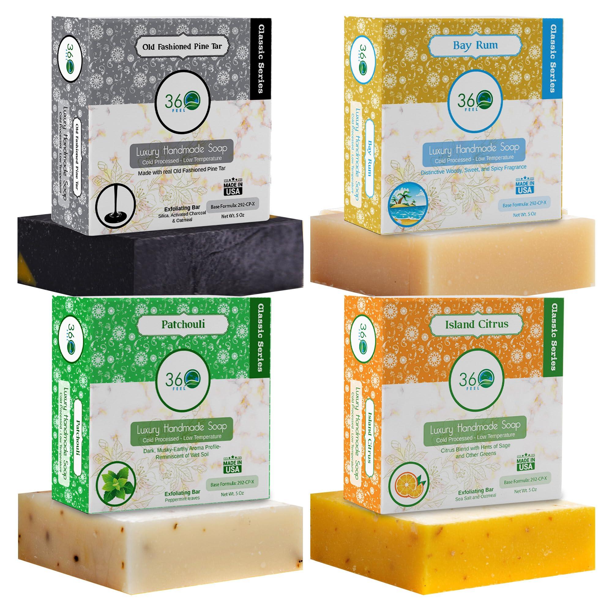 360Feel Mens Bar Soap - Made in the USA - Castile Handmade All Natural Cold Processed - Includes 4 Bold Masculine Scents: Bay Rum, Pine Tar Black Soap bar, Patchouli & Island Citrus (5oz, 4-Pack)