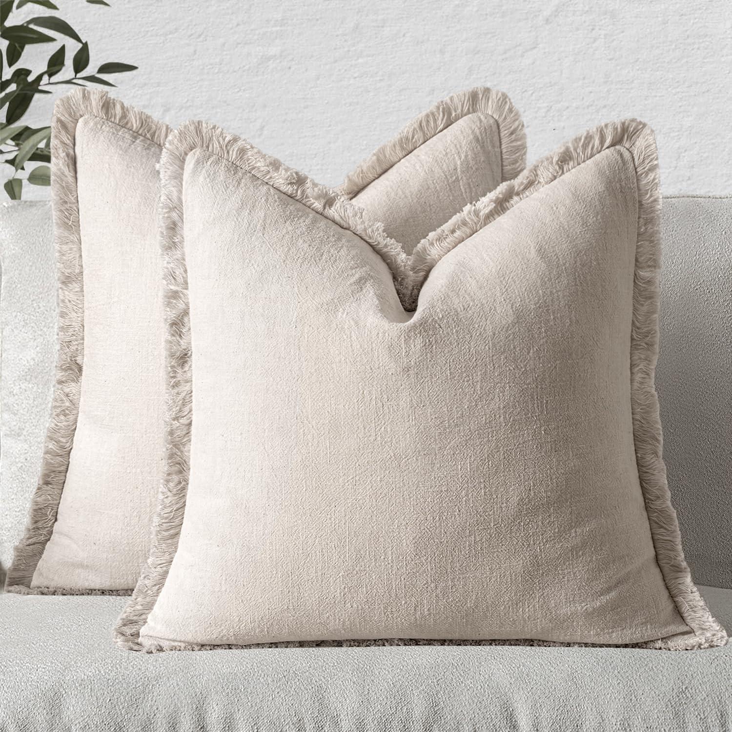 MIULEE Decorative Throw Pillow Covers Neutral Linen Fringe Throw Pillows Set of 2 Natural Beige Boho Farmhouse Cushion Covers with Tassels for Couch Sofa Bed Living Room Spring Home Decor 20x20 Inch
