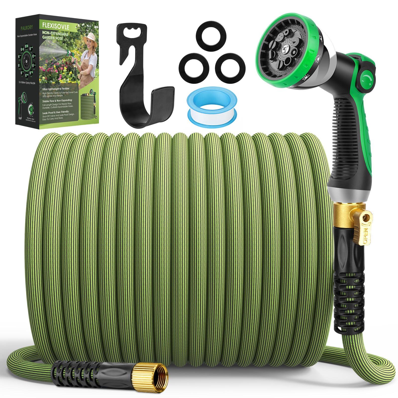 PALRORY Non-Expandable Garden Hose 100 ft, Ultra Lightweight Flexible Water Hose with 10-Pattern Nozzle, Leak-Proof, High-Density Fabric, Thickened Connector, Shut-Off Valve for Yard, Lawn, Outdoor