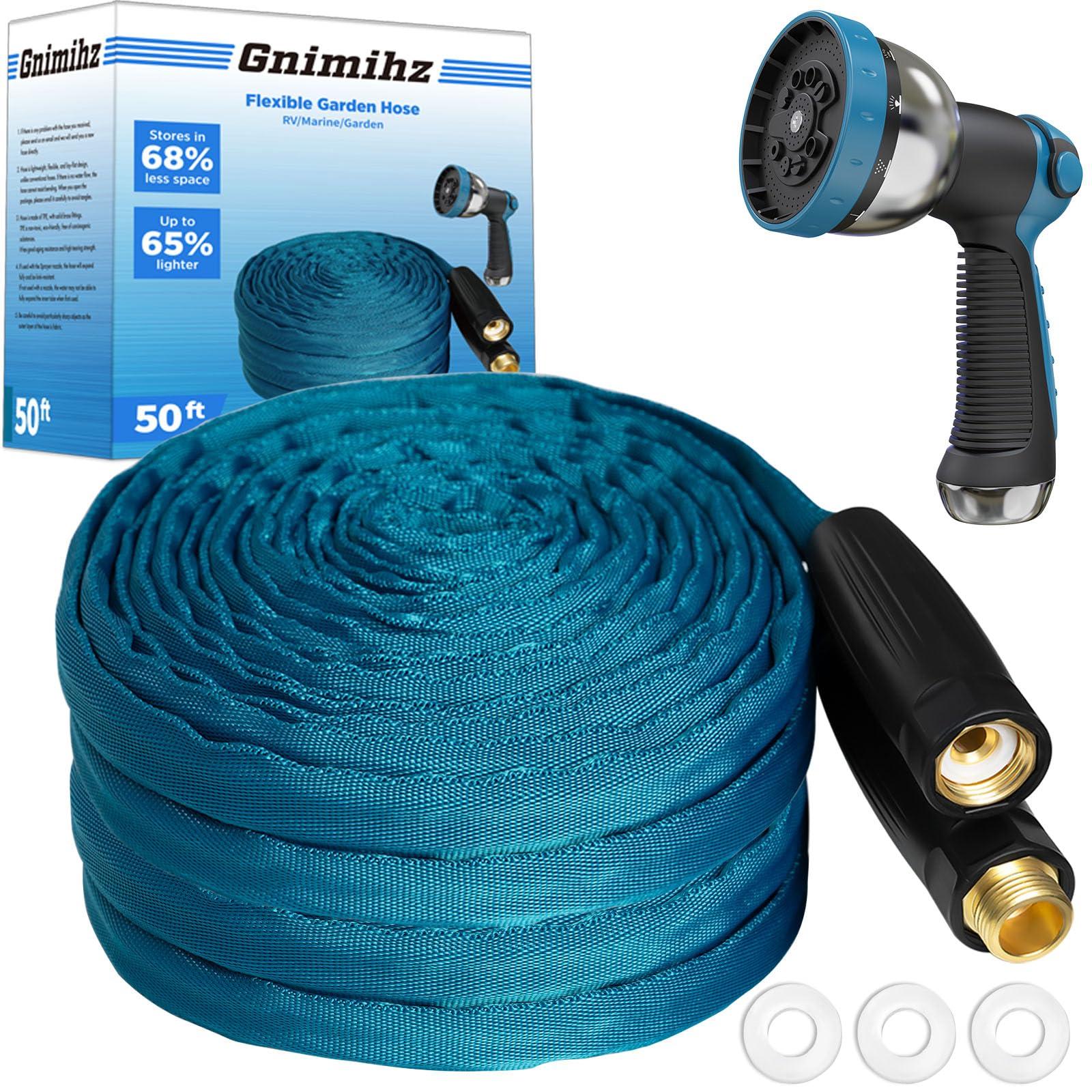 Gnimihz Garden Hose 50ft, Made of TPE(Not PVC), Ultra-Light & Flexible Water Hose with Solid Brass Fittings, Non-Shrinking, Easy to Storage, Drinking Water Safe Material, All-weather, SeaBlue