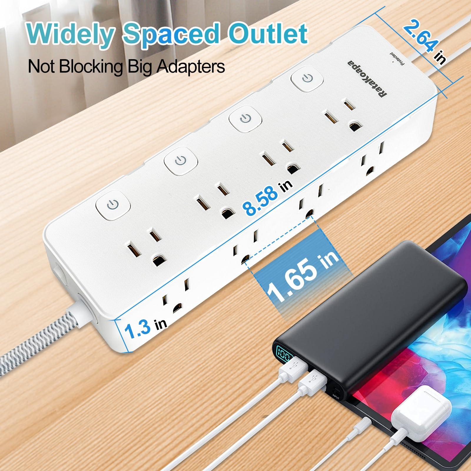 10 Ft Surge Protector Power Strip - 8 Widely AC Outlet 4 USB Ports(2 USB C), Flat Plug Extension Cord with Multiple Outlets, Individual Switches, Desk Extender for Dorm, Home, Office Essentials, 1400J - Image 7