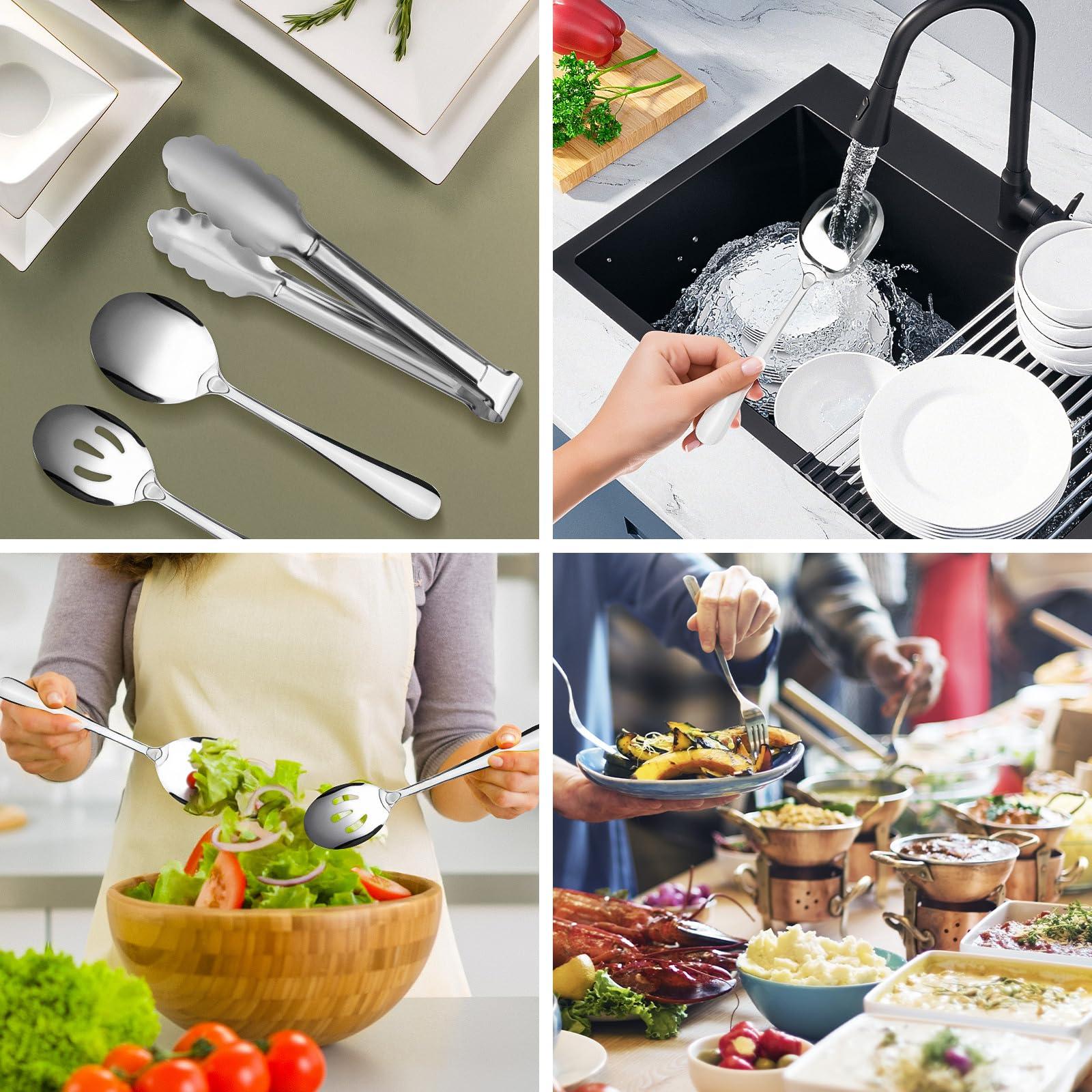 17PCS Serving Utensils Set Flatware, Stainless Steel Serveware Large Serving Spoons, Slotted Spoons, Forks, Tongs, Cake Server,Soup and Skimmer Spoon for Buffet, Catering, Party, Dinner (Silver) - Image 4