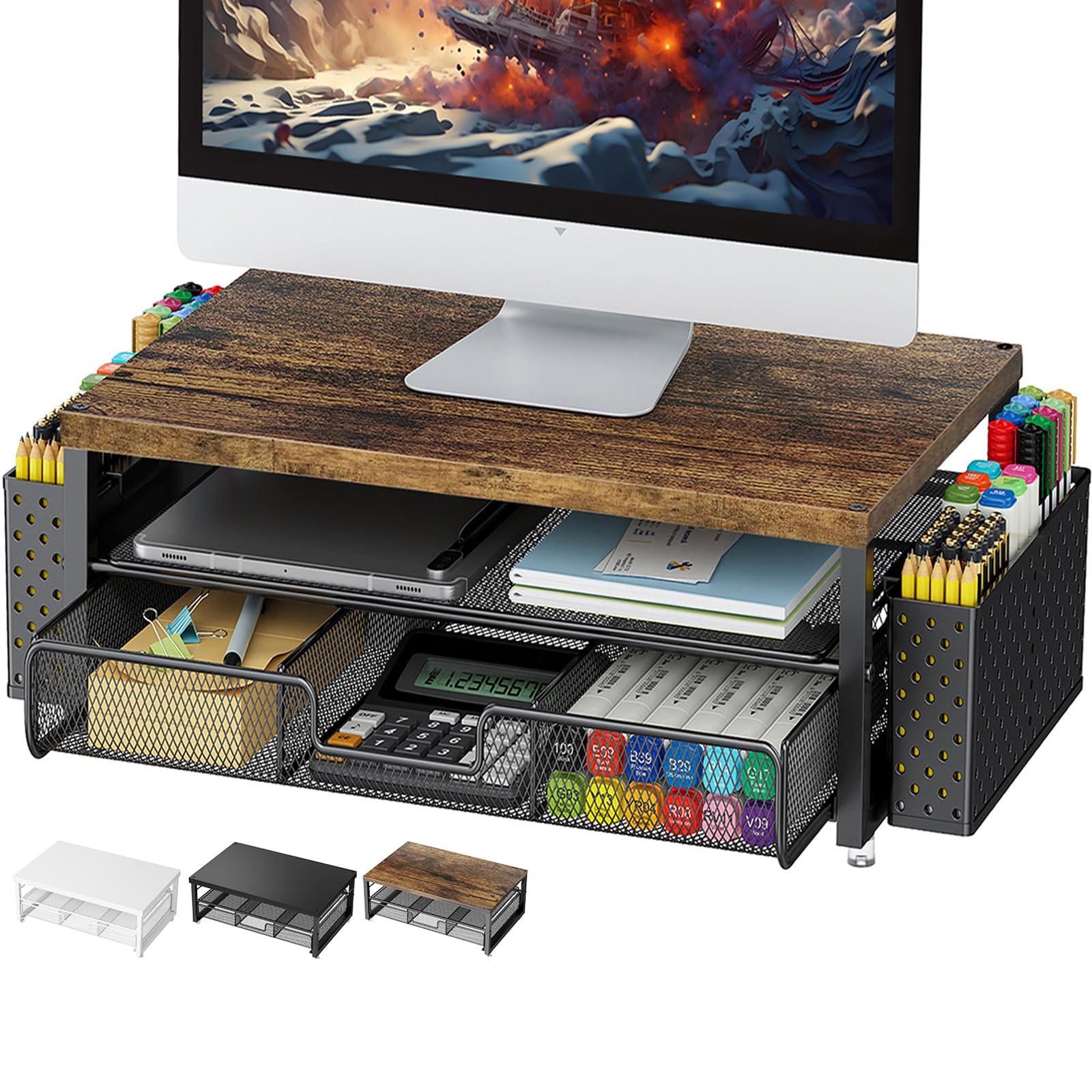 gianotter Monitor Stand Riser, Office Desk Shelf Organizer, Desk Organizer with Drawer and Pen Holder, 2-Tier Computer Stand, Office Organization (Wood)