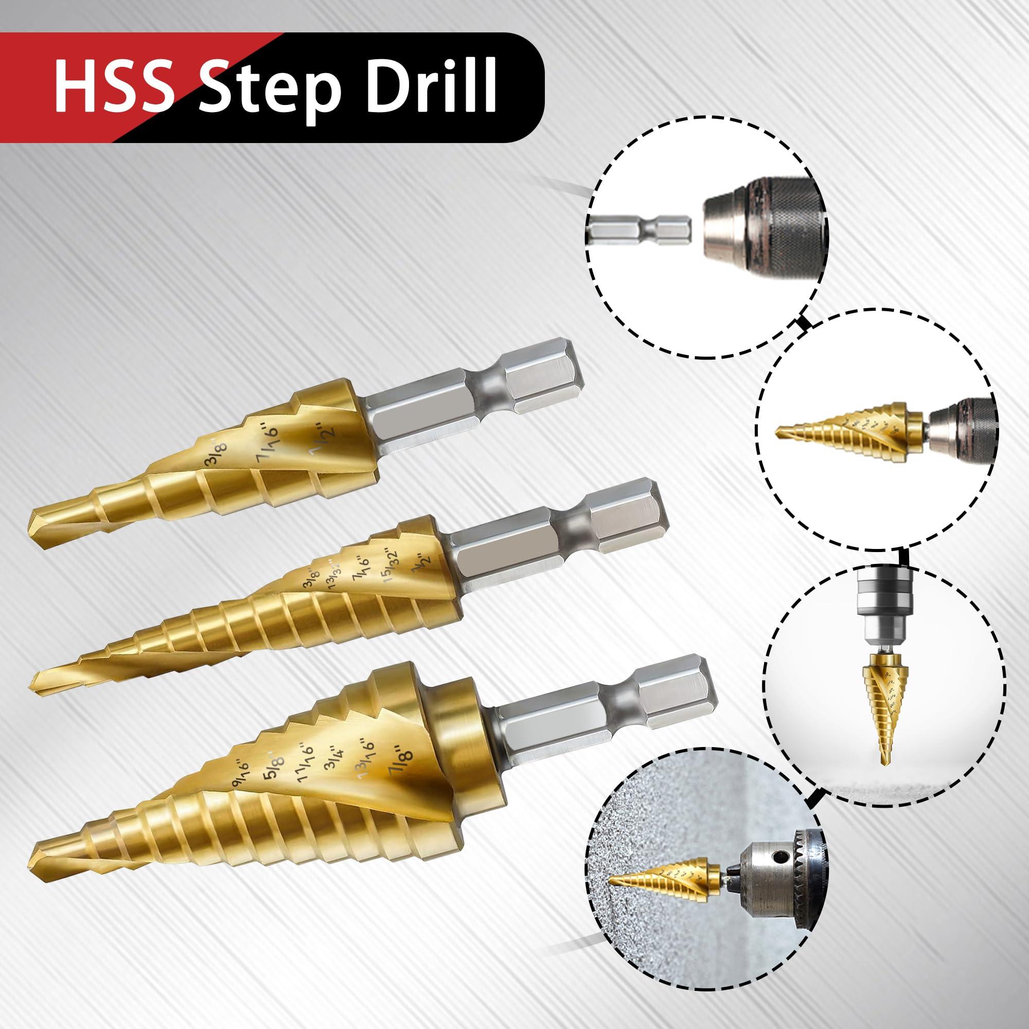 AIMLENTOOL 3PC Step Drill Bit Set, 1/4" Hex Shank High-Speed Steel Spiral Grooved Step Drill Bit for Sheet Aluminium Metal Wood Hole Drilling, 31 Step Sizes Taper Drill bit Set for DIY Lovers - Image 5