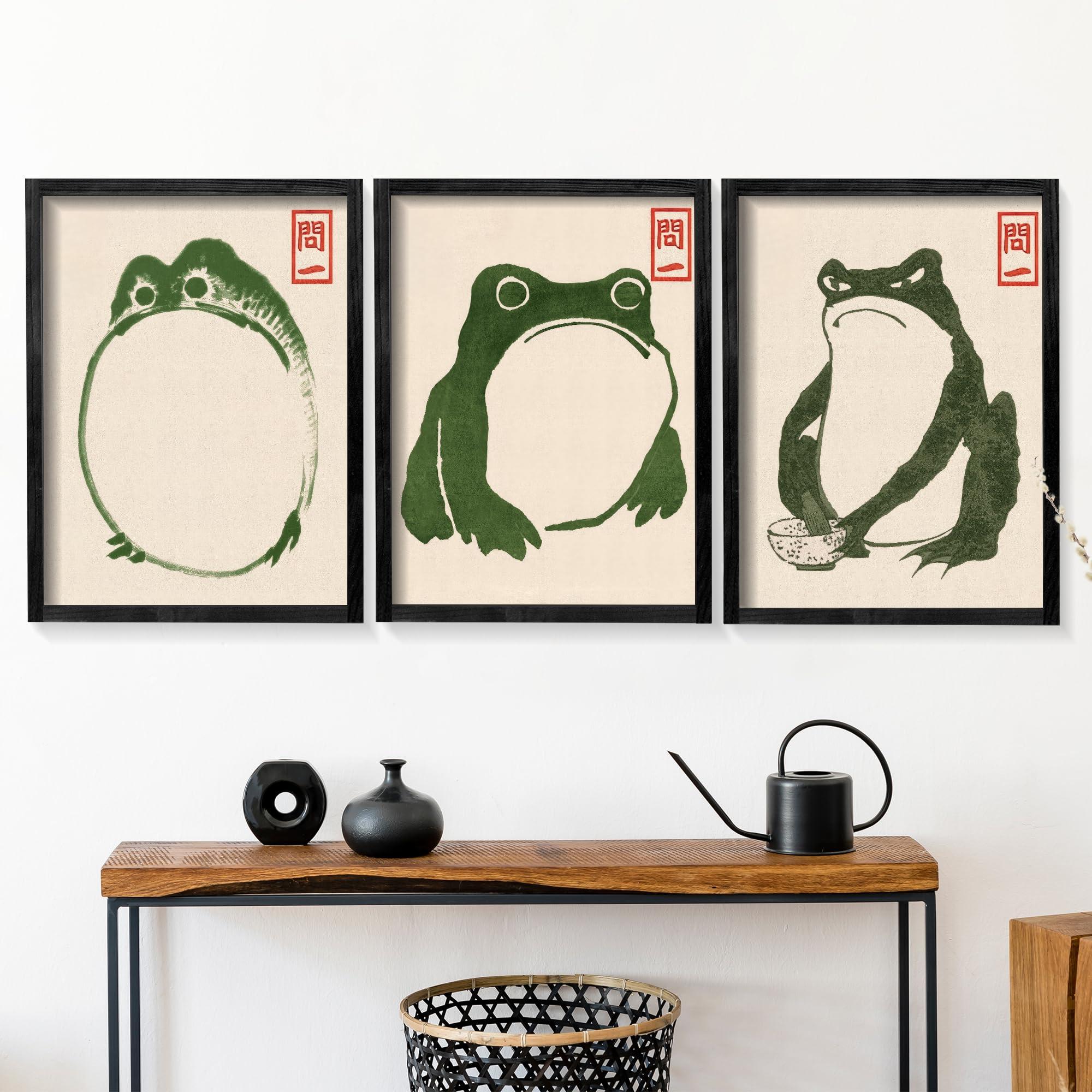 Houmury Set of 3 Framed Japanese Frog Wall Art Decor Vintage Wall Signs Cute Minimalist Decors