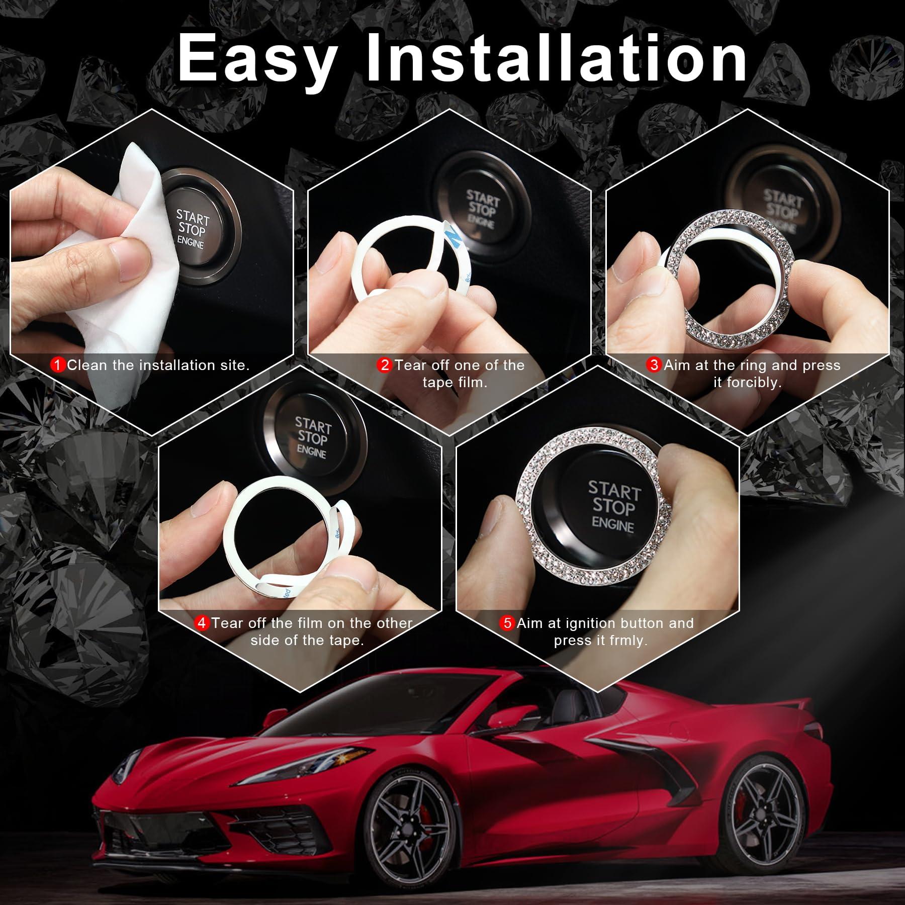 LivTee 2 PCS Crystal Double Rhinestone Car Engine Start Stop Decoration Ring, Bling Car Interior Accessories for Women, Push to Start Button Cover Sticker, Automotive Decals, White - Image 3