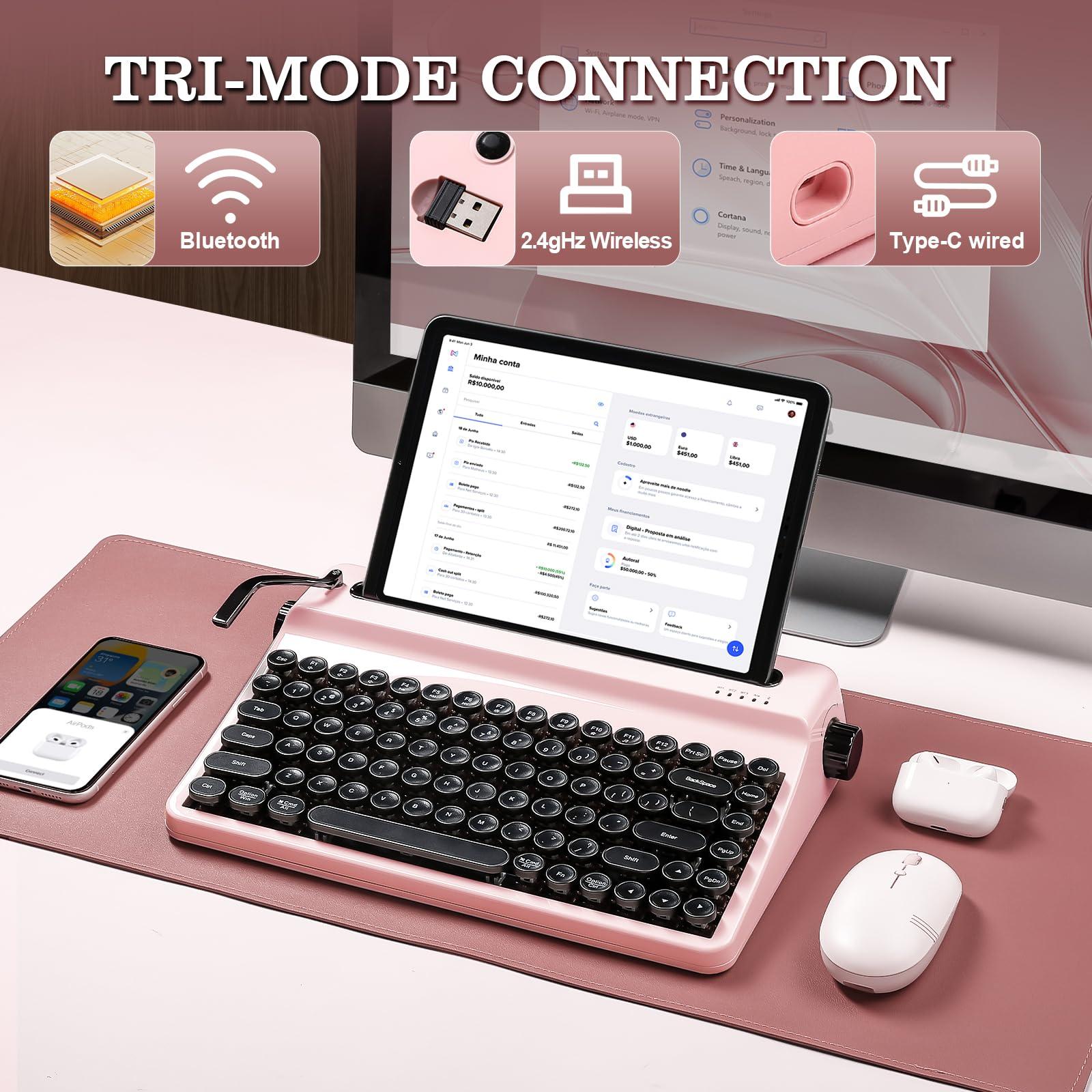 YUNZII QL75 Wireless Typewriter Hot Swap Retro Mechanical Keyboard,Punk Round Keycaps,RGB Backlit QMK/VIA Programmable,Multi-Device Keyboard with 2.4GHz/Type-C/BT5.0 (Pink, Cocoa Cream V2 Switch) - Image 5