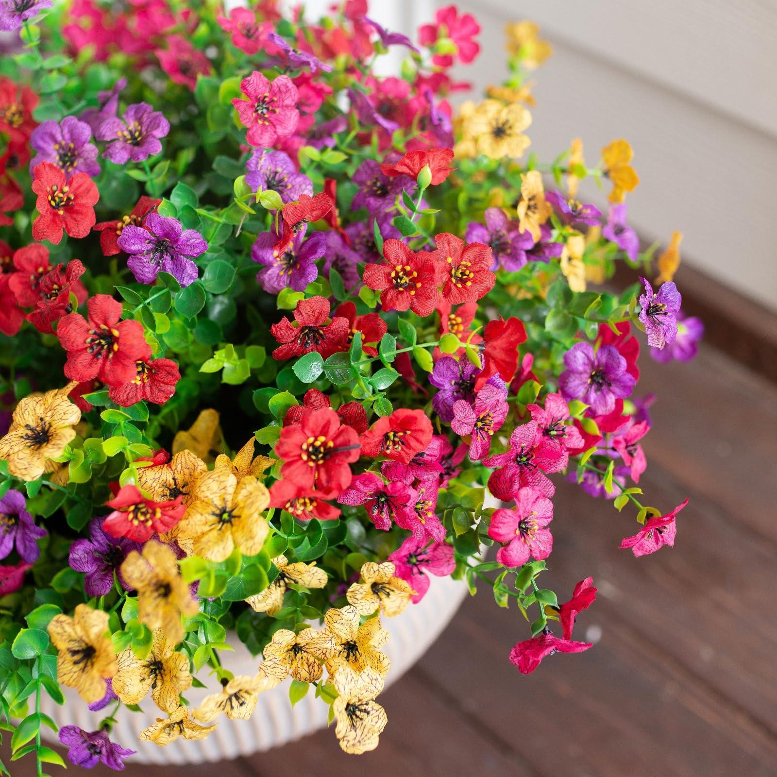 HyeFlora Artificial Flowers for Outdoor Indoor Garden Home Decoration, Faux Flower Daisy with Eucalyptus Leaves Fake Plants Greenery Boxwood Porch Patio, 12 Bundles (Mix Pink Red Purple Yellow) - Image 3