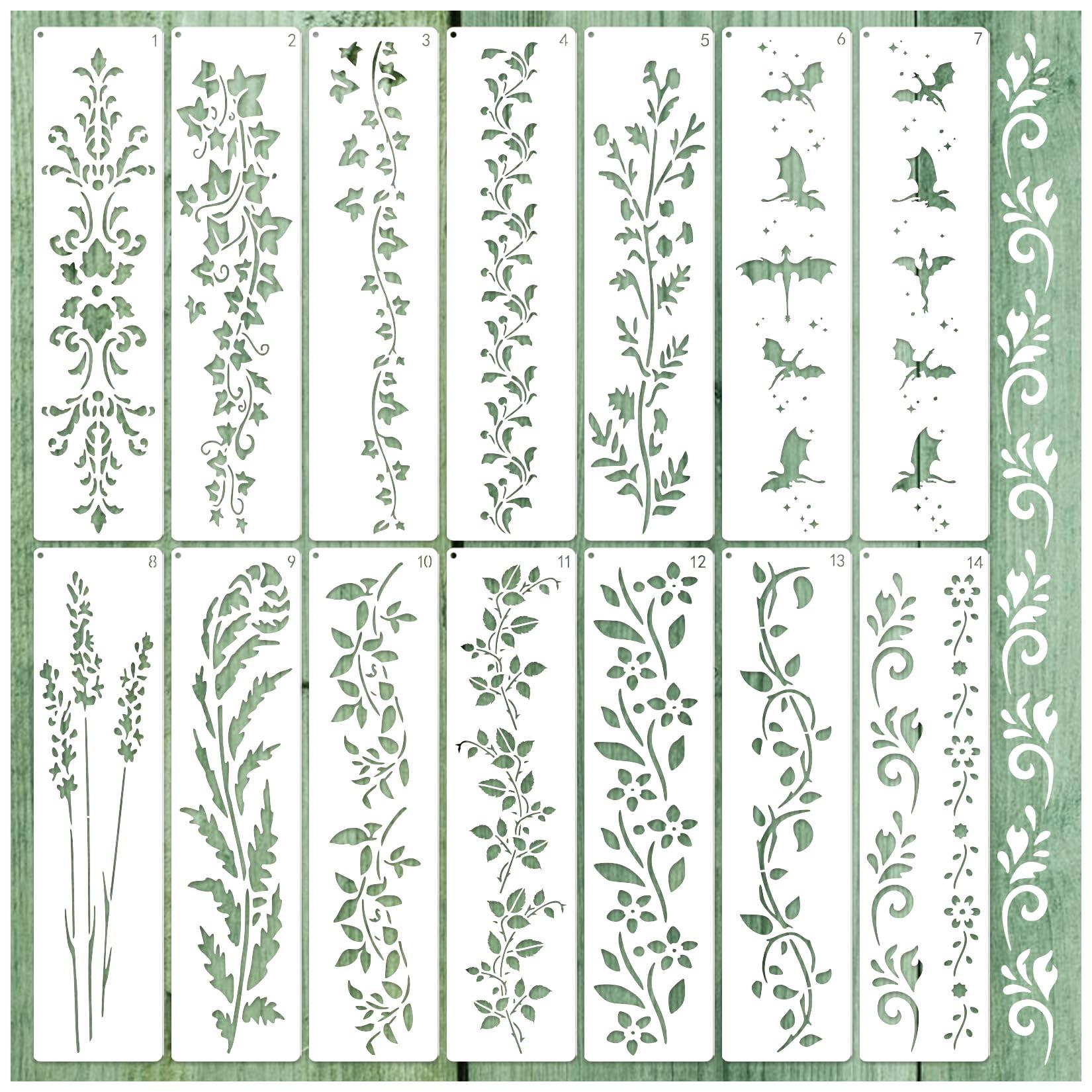 Large Border Flower Stencils for Painting Floral Leaf Stencil Dragon Vine Background Template Paint Stencils for Painting on Wood Burning Art Craft Canvas Furniture Wall (edge14)