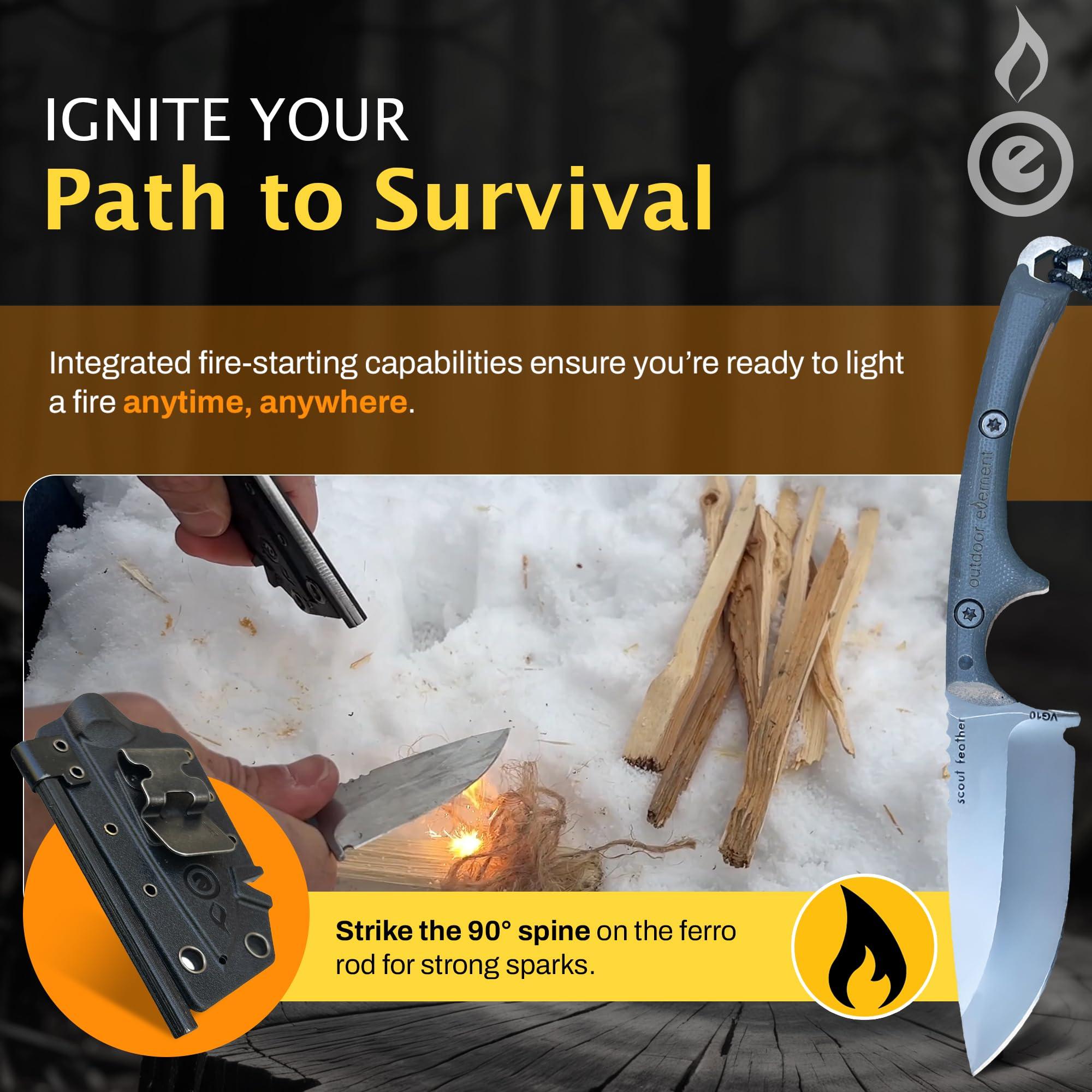 OUTDOOR ELEMENT Scout Feather - Adventure Survival Knife - Full Tang, Ceramic Honing V Notch built into included Sheath, Hex Driver in Handle, 115dB Emergency Whistle, Replacable Ferro Rod - Image 3