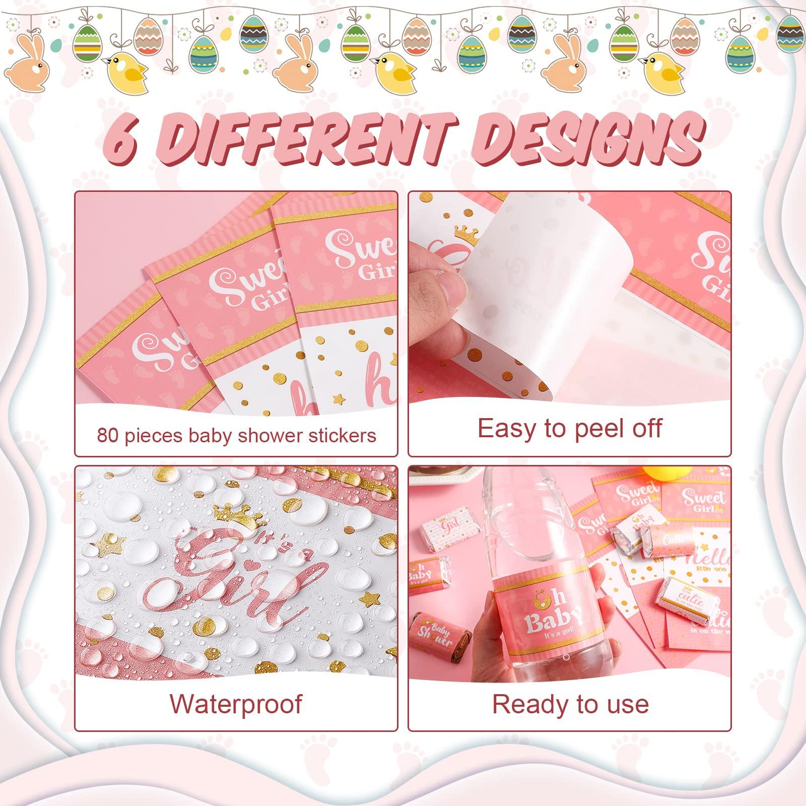 Teling 80 Pieces Baby Shower Water Bottle Labels Waterproof Water Bottle Stickers Wrappers Labels for Baby Shower Party Decoration(Pink Girl Style) - Image 4