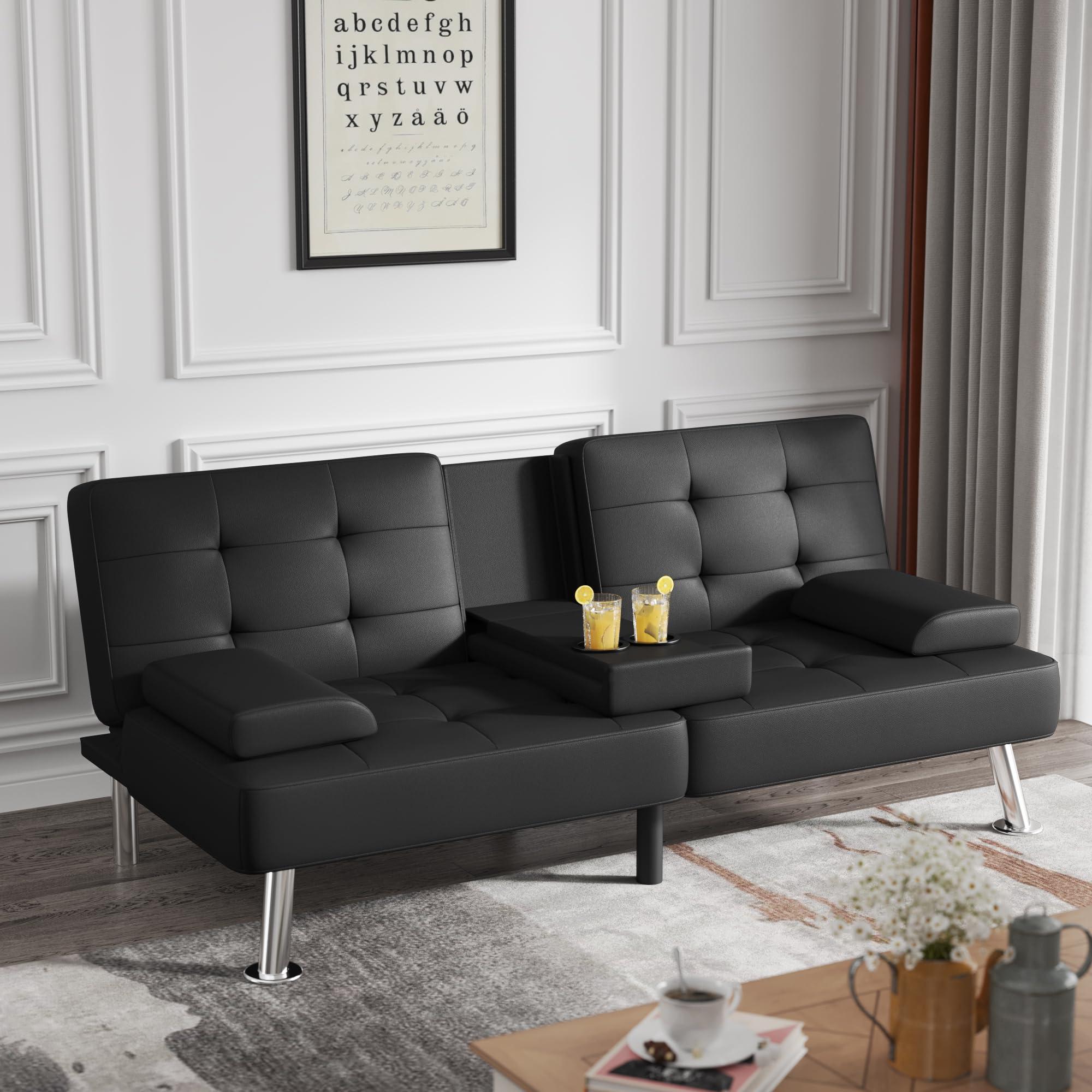 Flamaker Futon Sofa Bed Modern Folding Futon Set Convertible Recliner Lounge for Living Room with 2 Cup Holders, Removable Armrests (PU Leather, Black) - Image 2